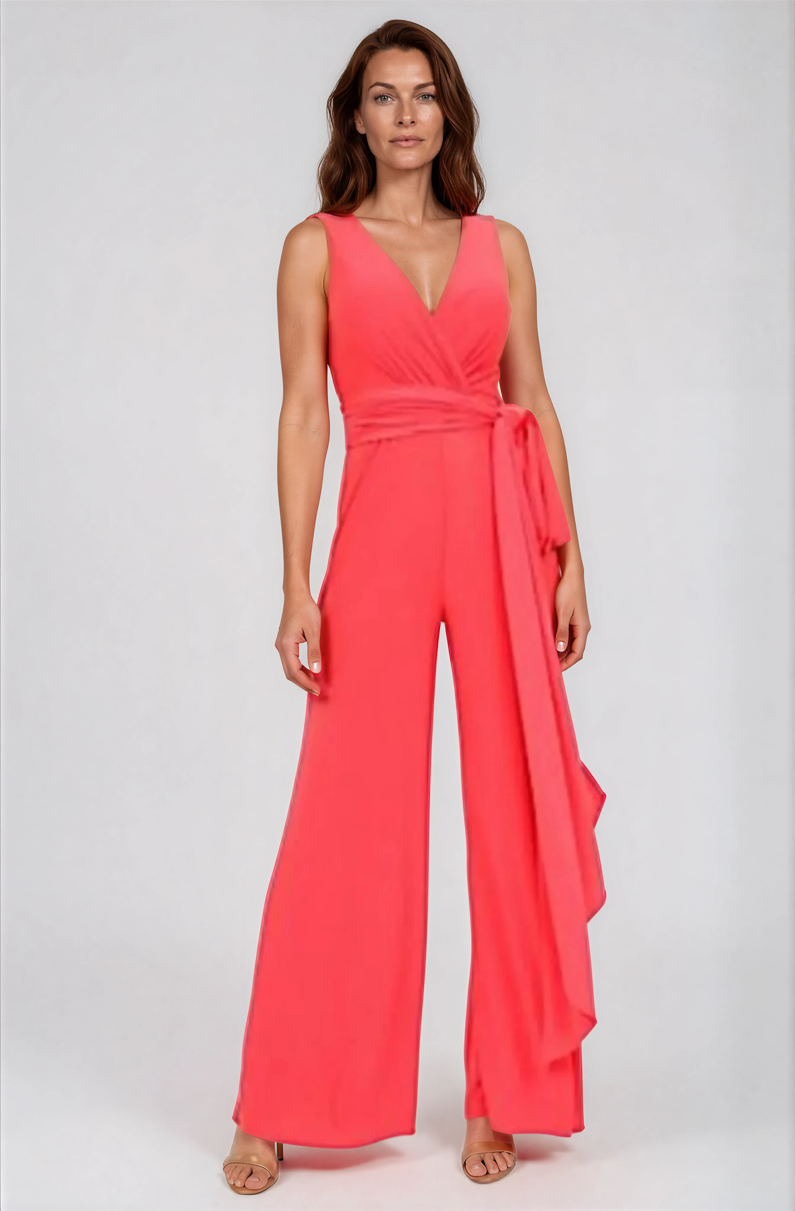 Sleeveless V-Neck Draped Jersey Knit Jumpsuit with Sash Belt Jumpsuit Rene Ruiz Collection 2 Coral