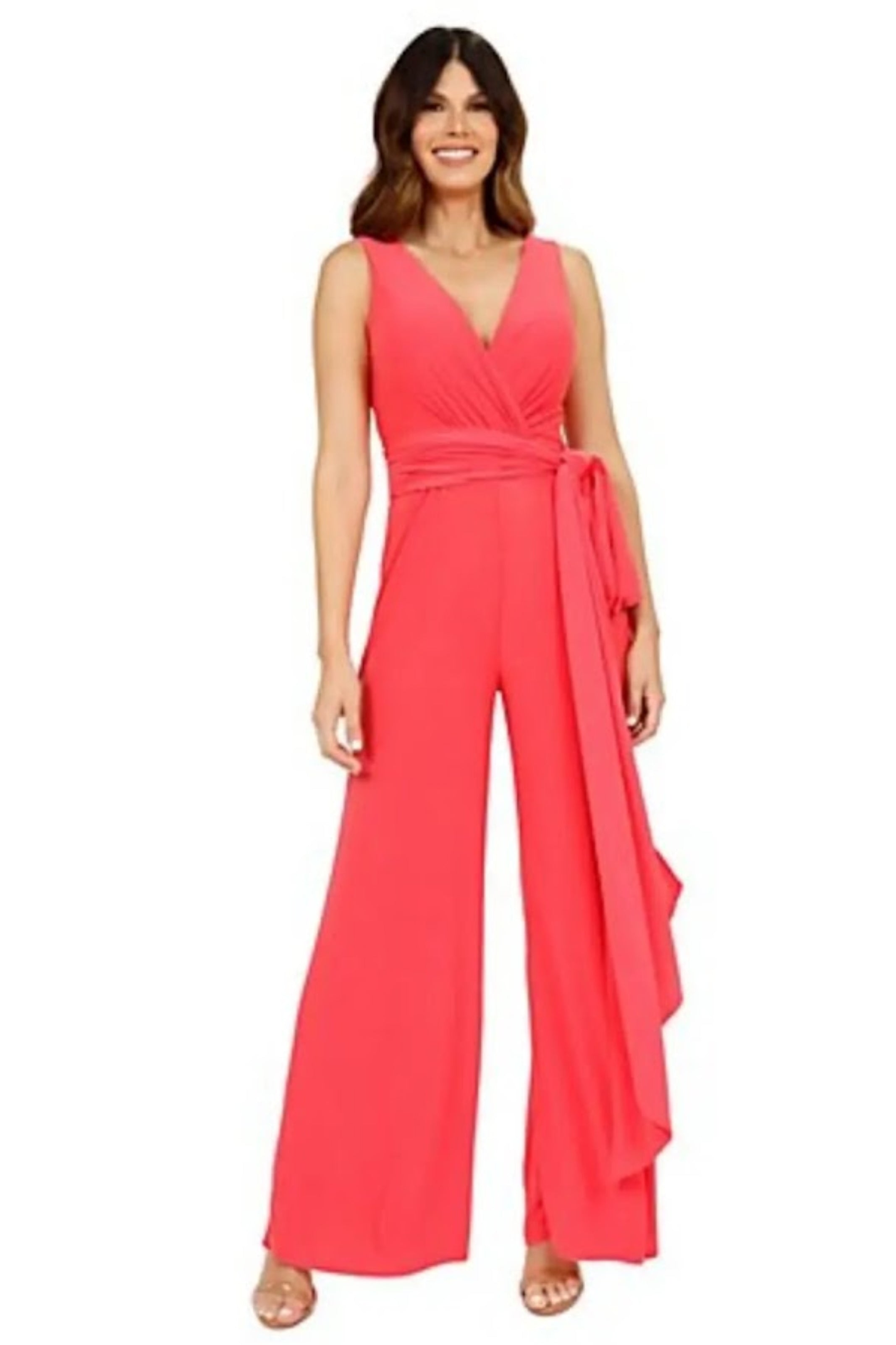 Sleeveless V-Neck Draped Jersey Knit Jumpsuit with Sash Belt Jumpsuit Rene Ruiz Collection