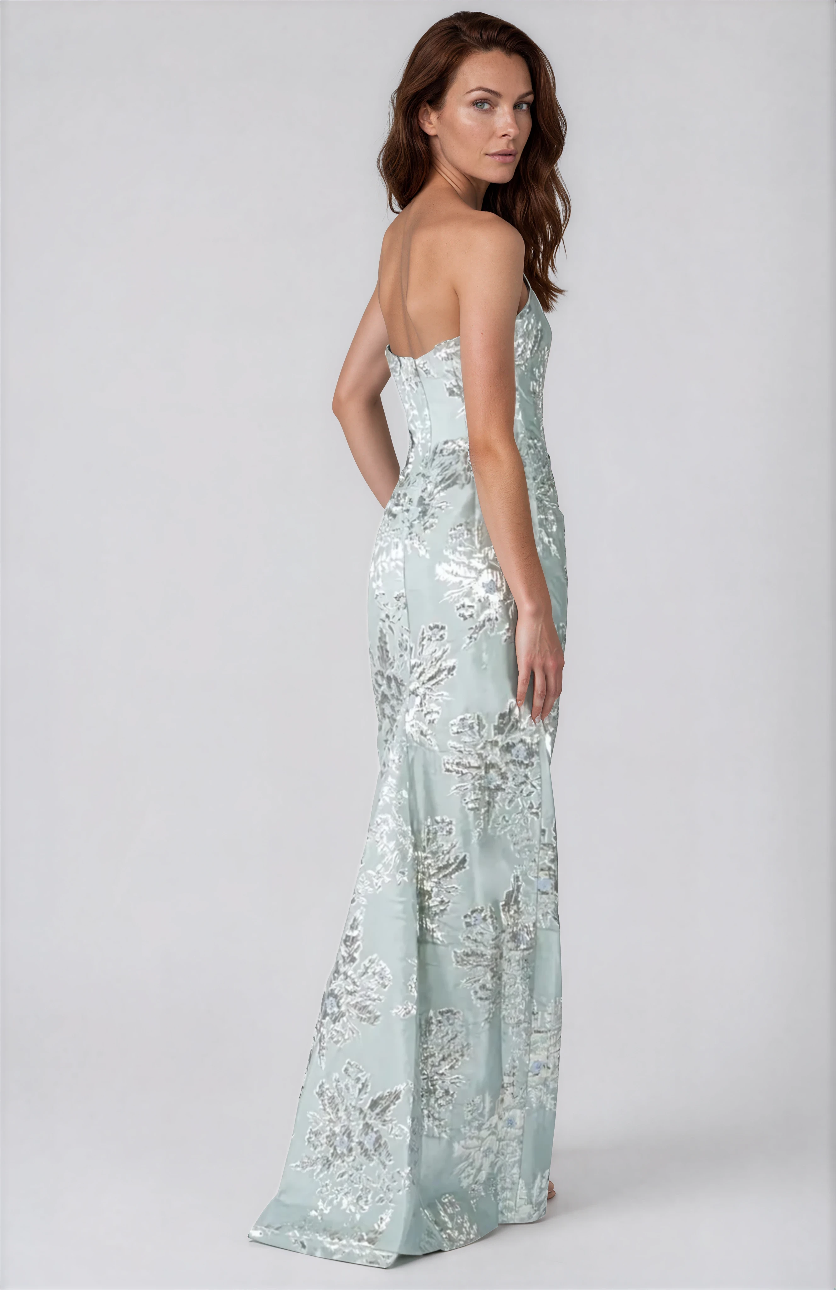 Strapless Brocade Column Gown Gown Rene Ruiz Collection