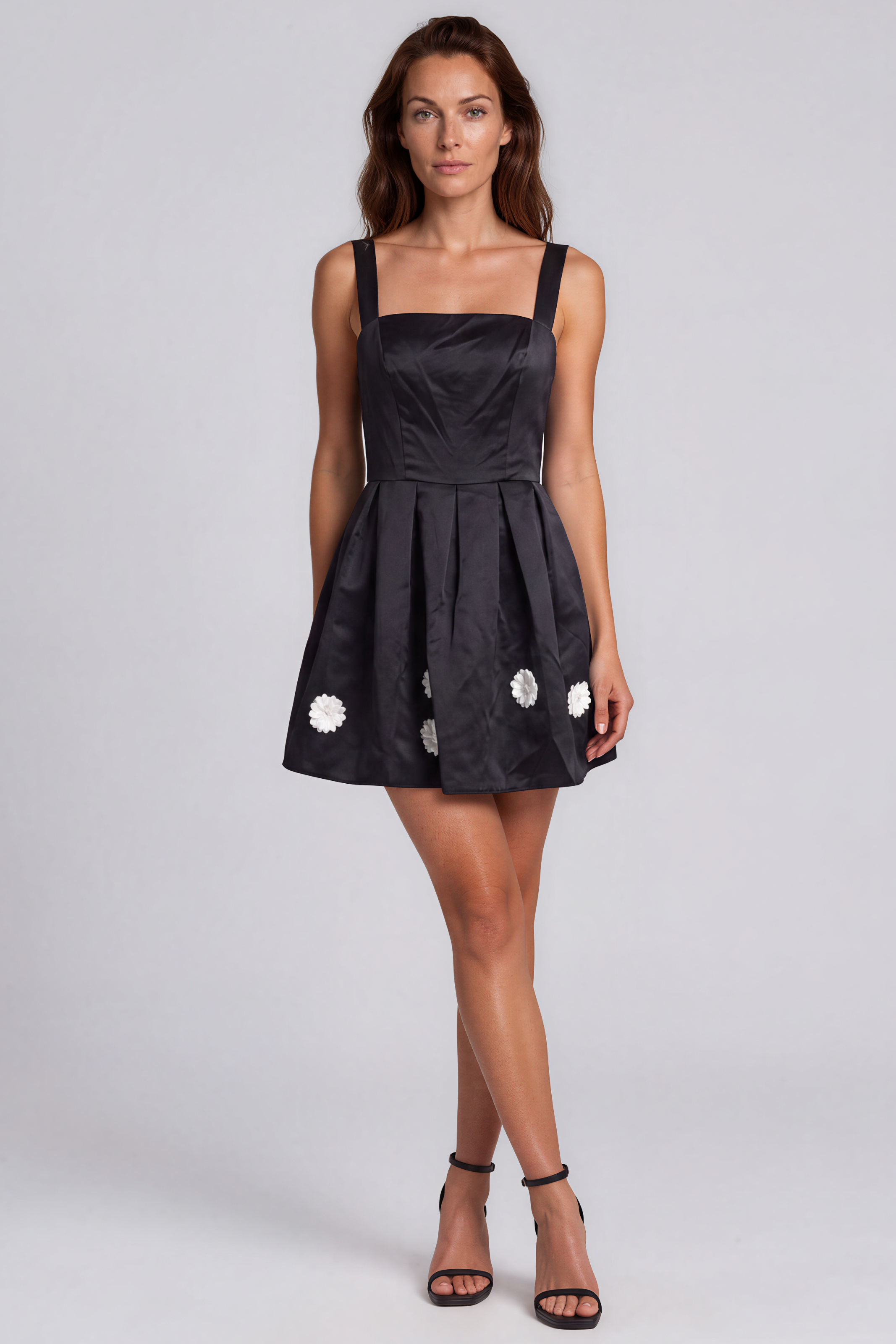 Square Neck Satin Fit and Flare Cocktail Dress with Floral Appliqué Detail Cocktail Rene Ruiz Collection 0 Black White