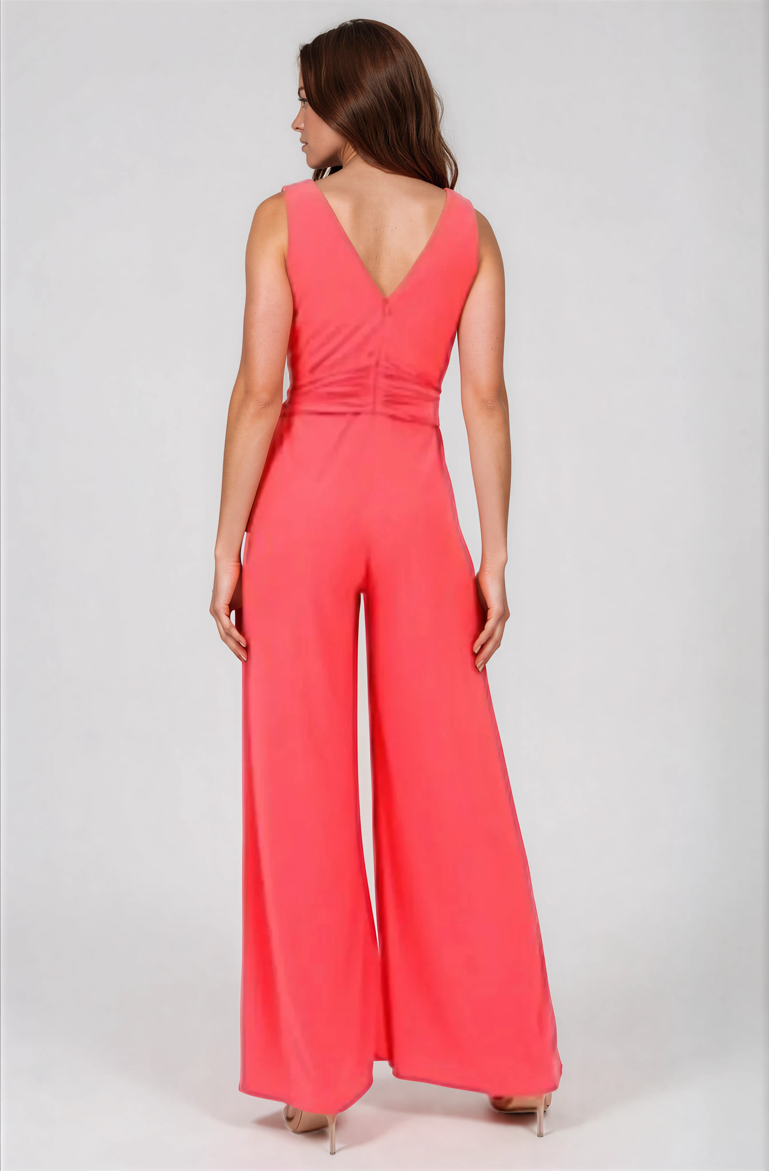 Sleeveless V-Neck Draped Jersey Knit Jumpsuit with Sash Belt Jumpsuit Rene Ruiz Collection