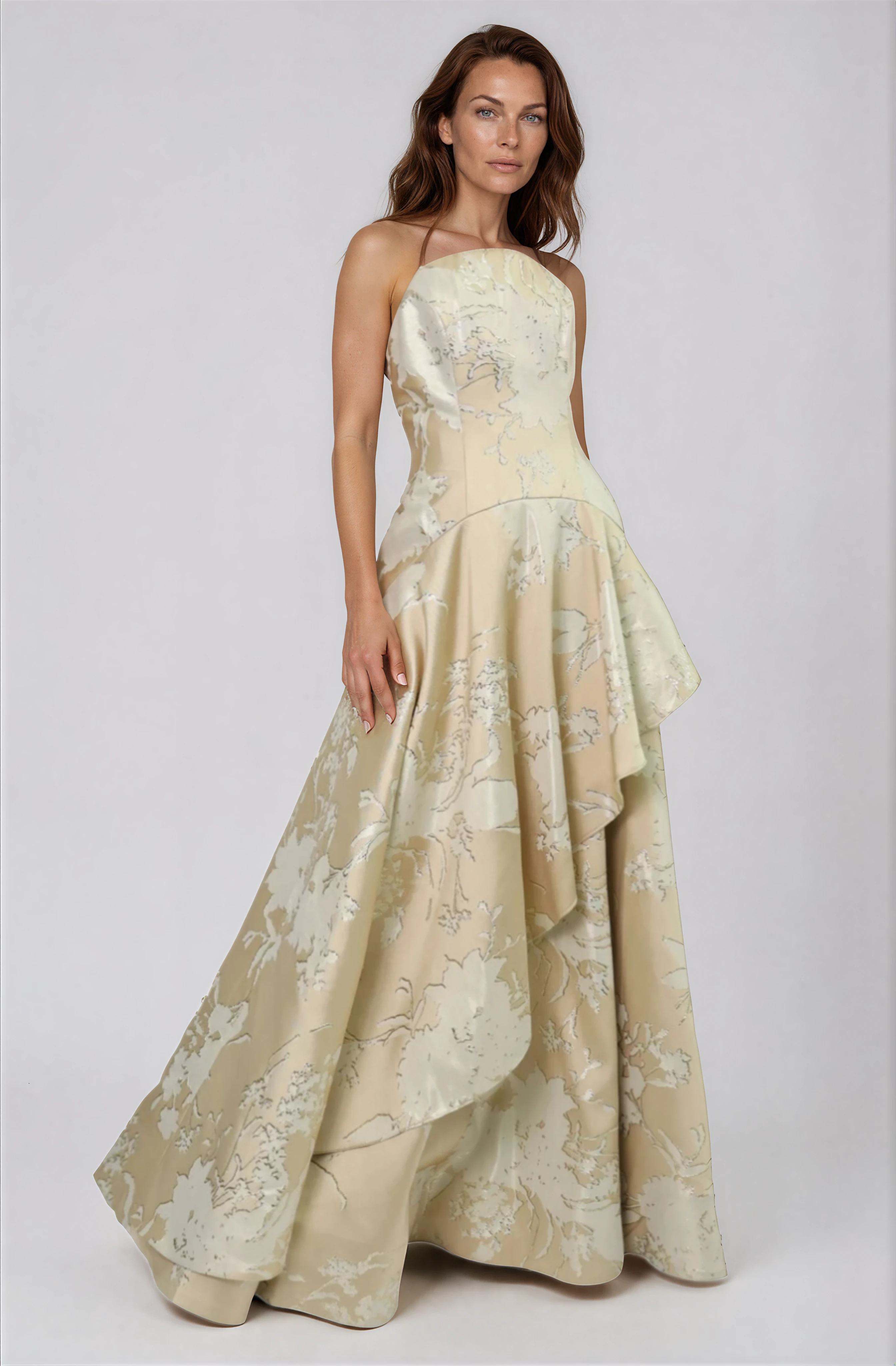 Strapless Brocade Gown with Cascading Skirt Gown Rene Ruiz Collection