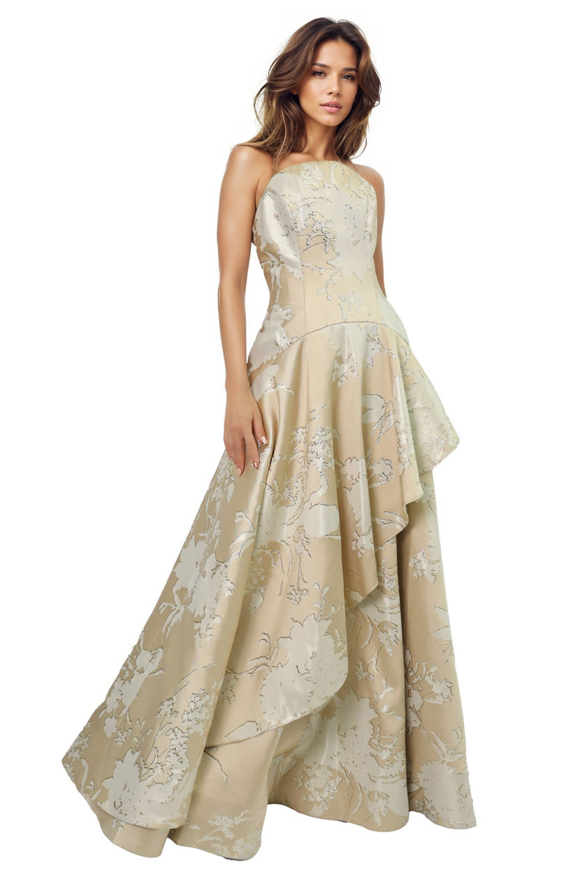 Strapless Brocade Gown with Cascading Skirt Gown Rene Ruiz Collection
