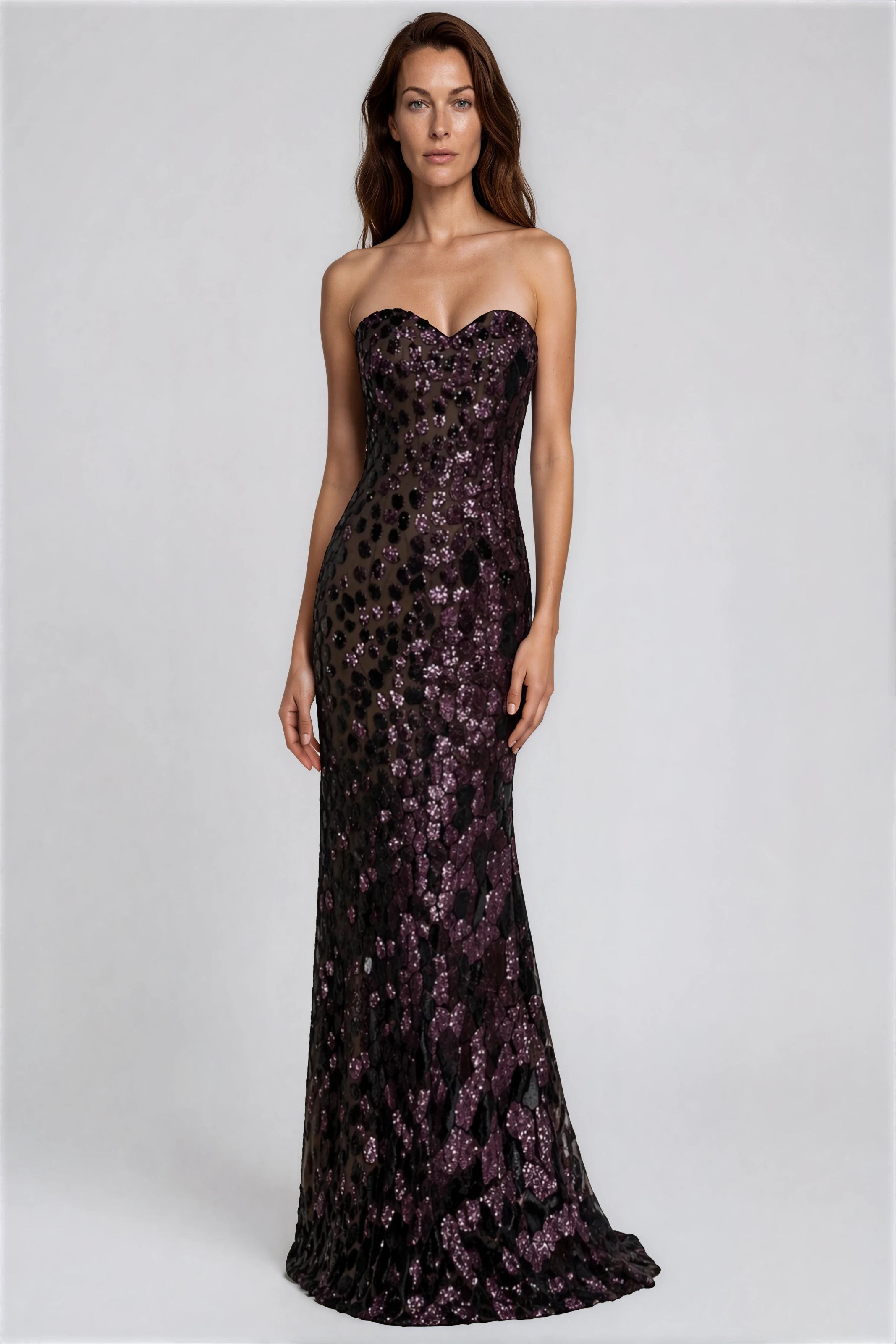 Strapless Sequin Fit And Flare Gown Gown Rene Ruiz Collection
