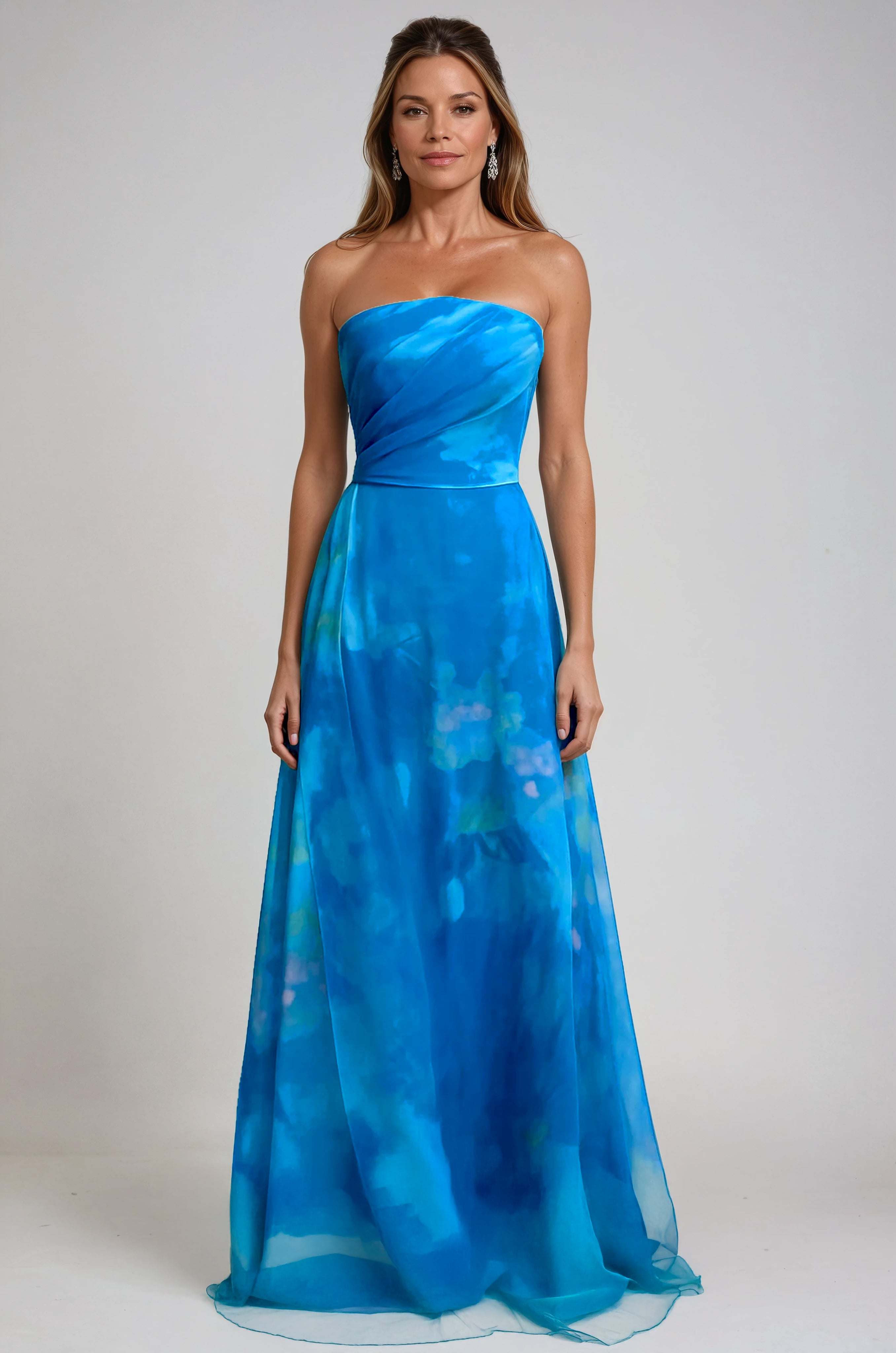 Strapless Hand Draped Printed Organza Gown