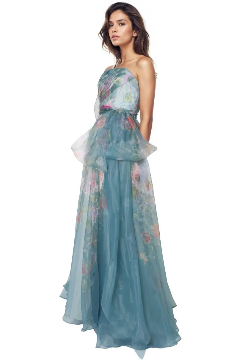 Strapless Organza Gown With Belt Gown Rene Ruiz Collection