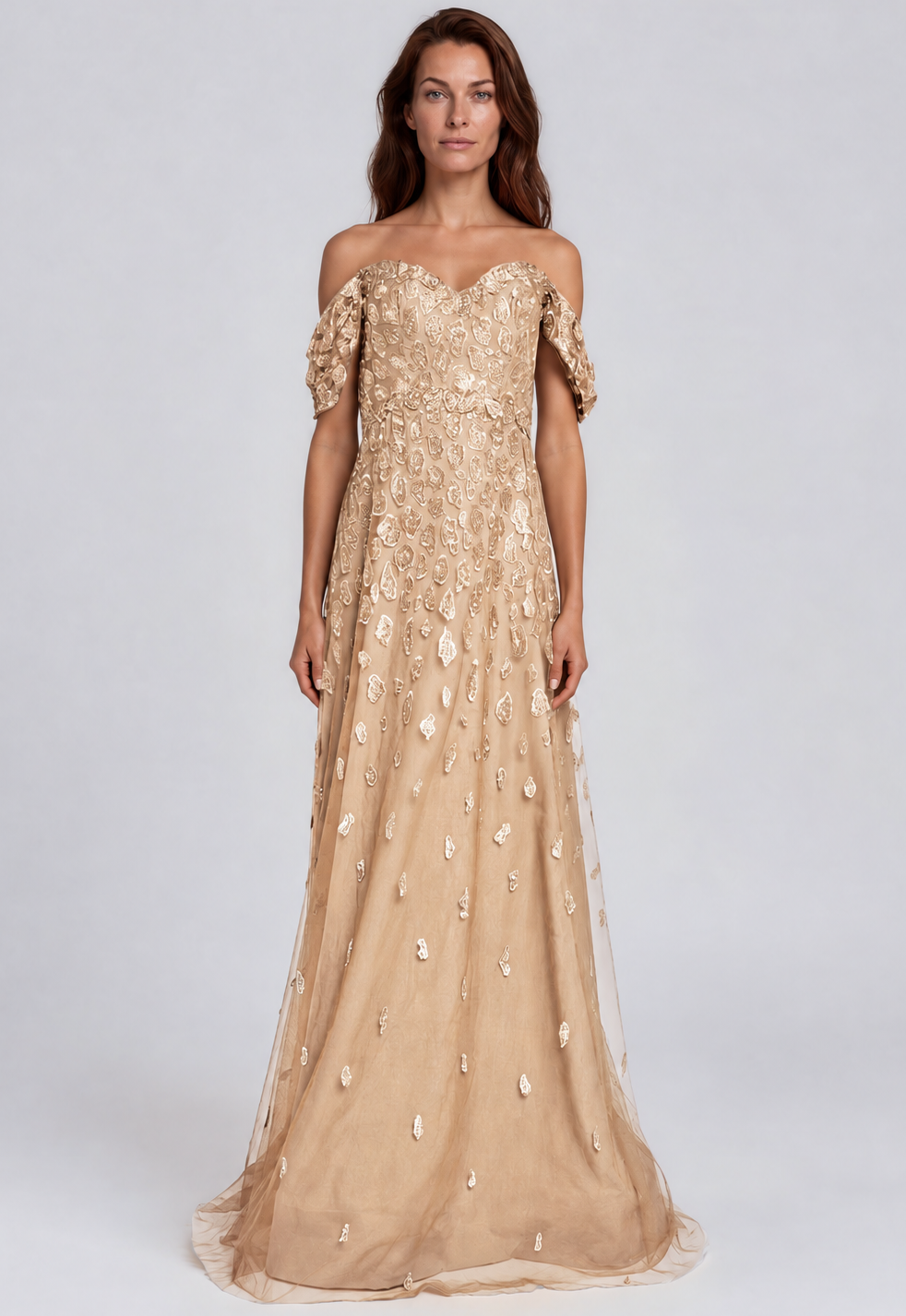 Off The Shoulder Sequin Embroidered A-Line Gown Gown Rene Ruiz Collection