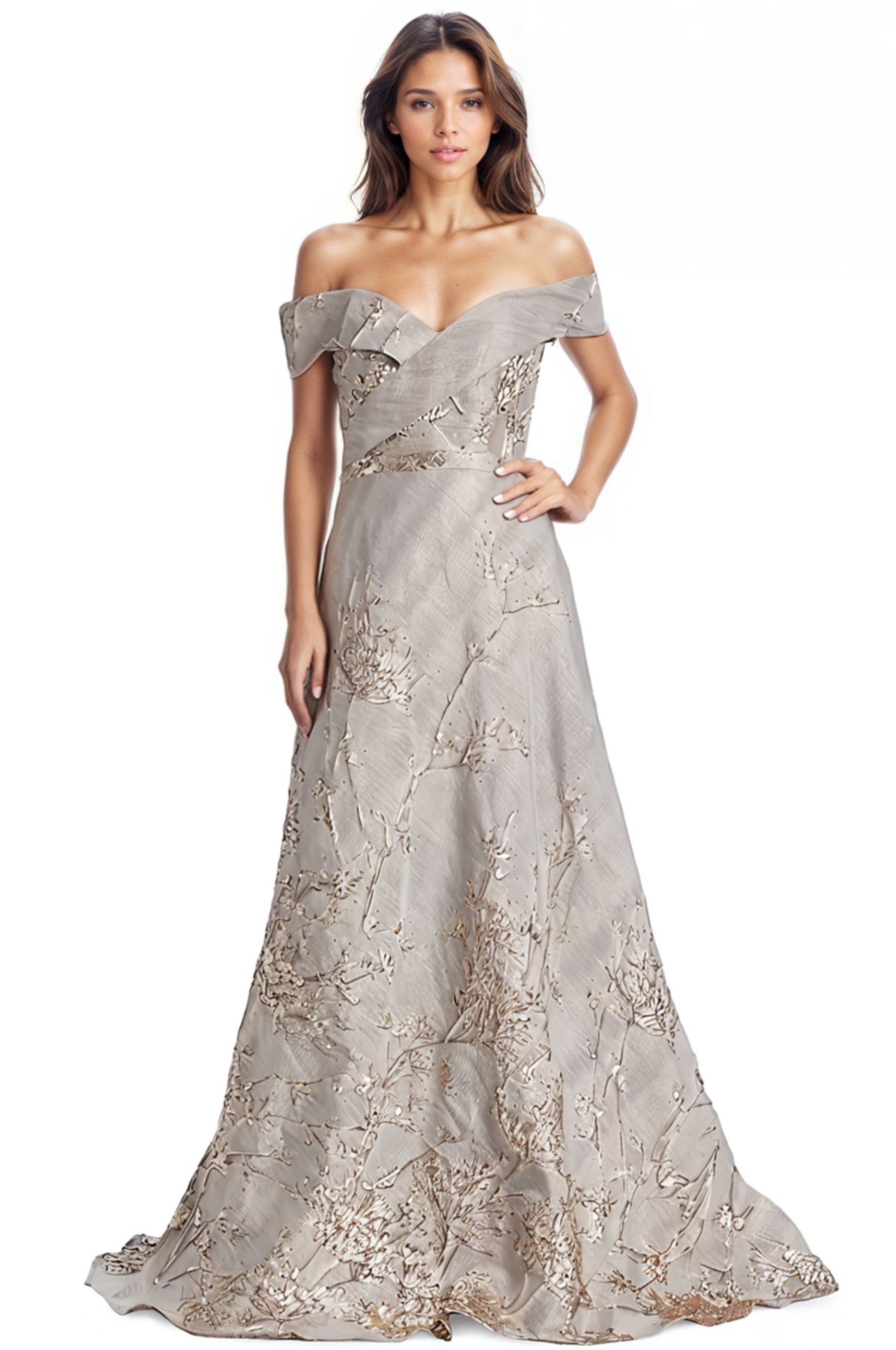 Off the Shoulder Brocade A-line Gown Gown Rene Ruiz Collection