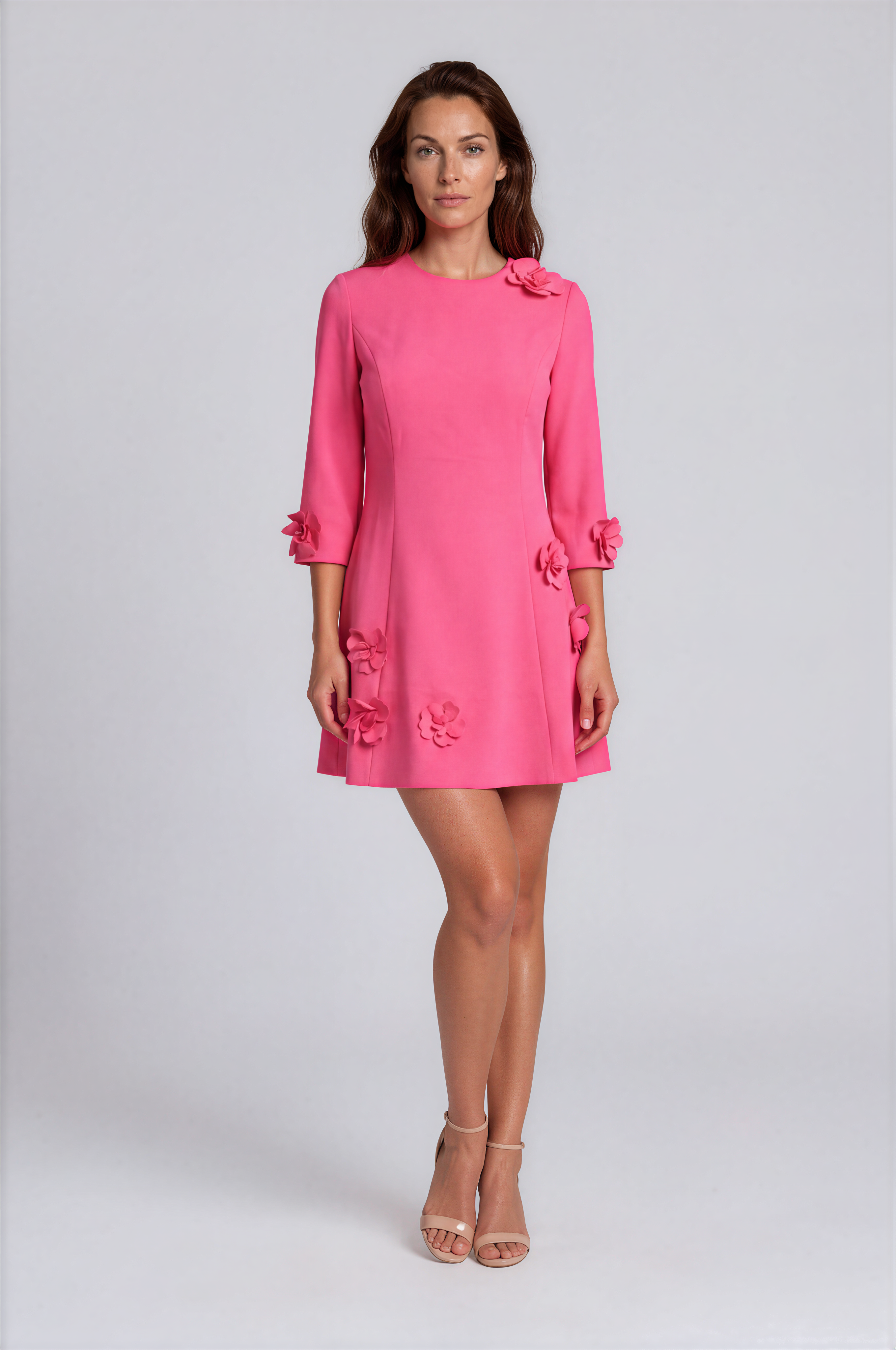 3D Floral Appliqué Crepe A-Line Mini Dress with 3/4 Sleeves Cocktail Rene Ruiz Collection