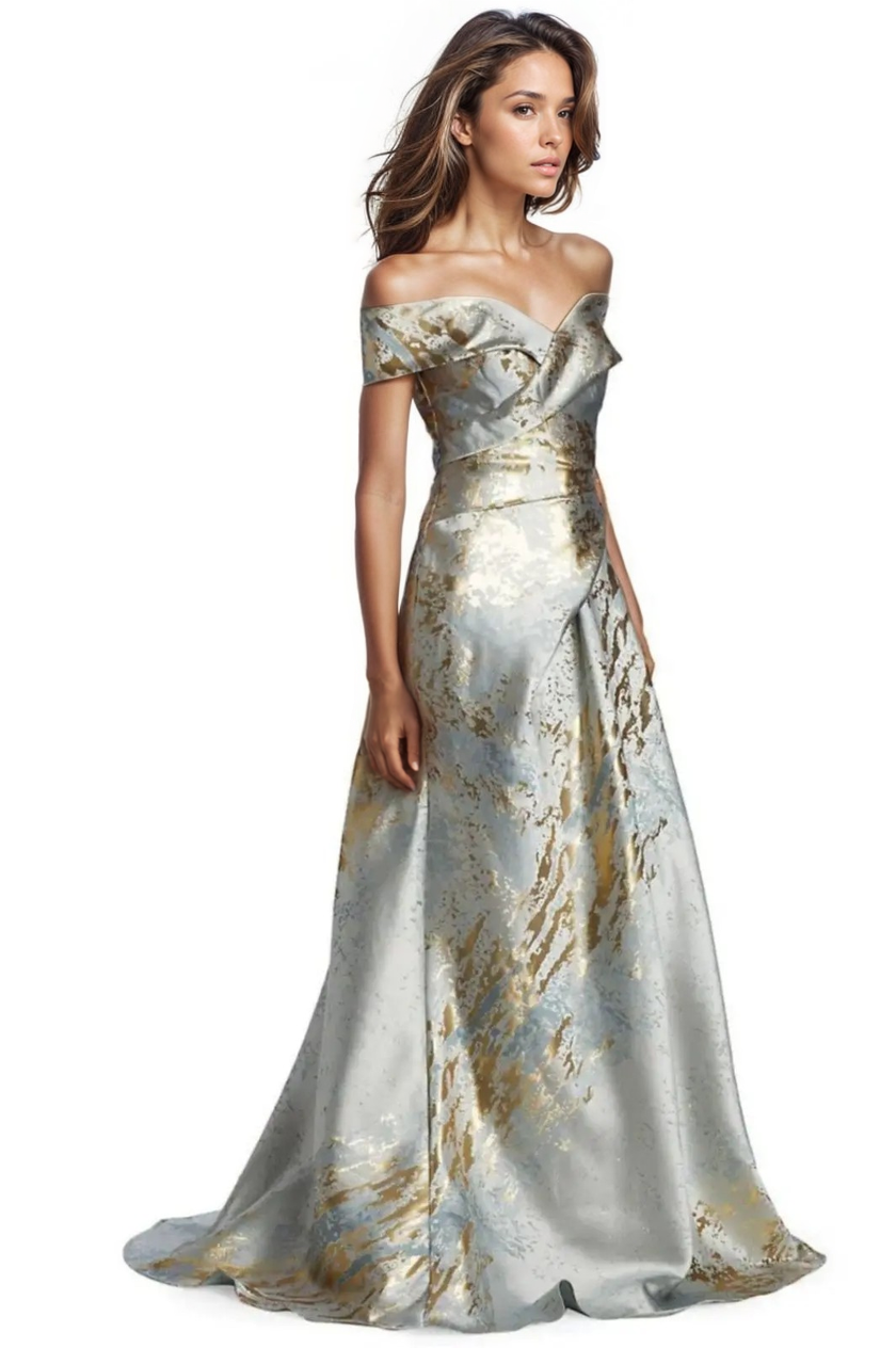 Off The Shoulder Brocade Gown Gown Rene Ruiz Collection