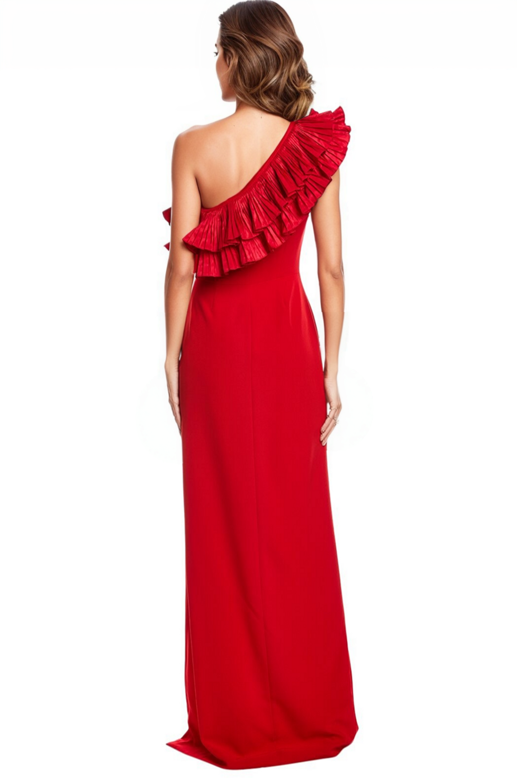 One Shoulder Ruffles Satin Column Gown Gown Rene Ruiz Collection