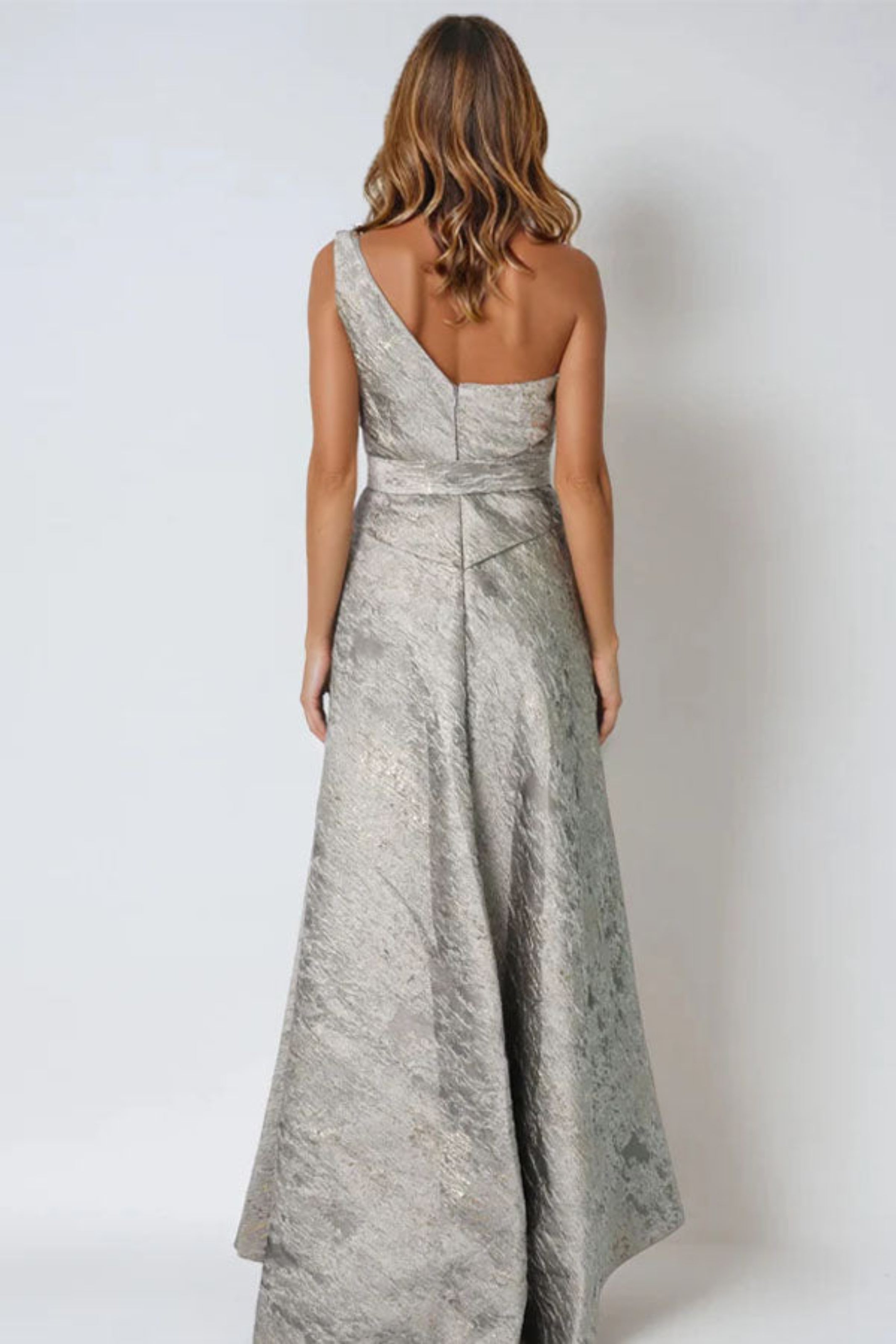 Asymmetric One Shoulder Brocade Gown Gown Rene Ruiz Collection