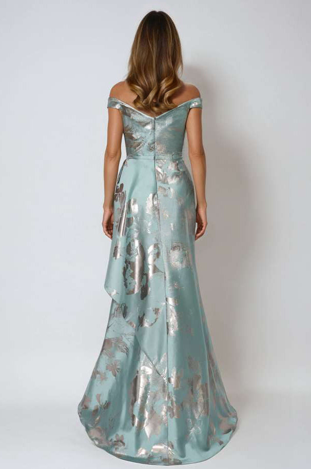 Off The Shoulder Floral Jacquard Draped Peplum A-Line Gown Gown Rene Ruiz Collection