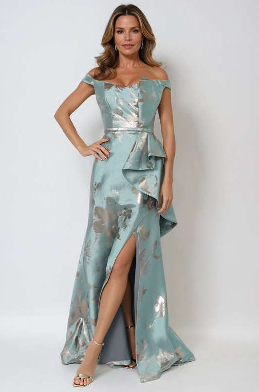 Off The Shoulder Floral Jacquard Draped Peplum A-Line Gown Gown Rene Ruiz Collection