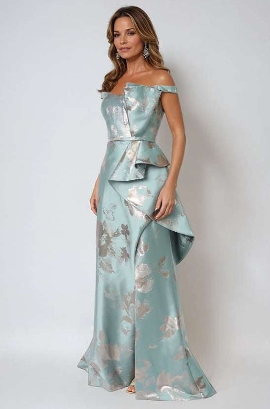 Off The Shoulder Floral Jacquard Draped Peplum A-Line Gown Gown Rene Ruiz Collection