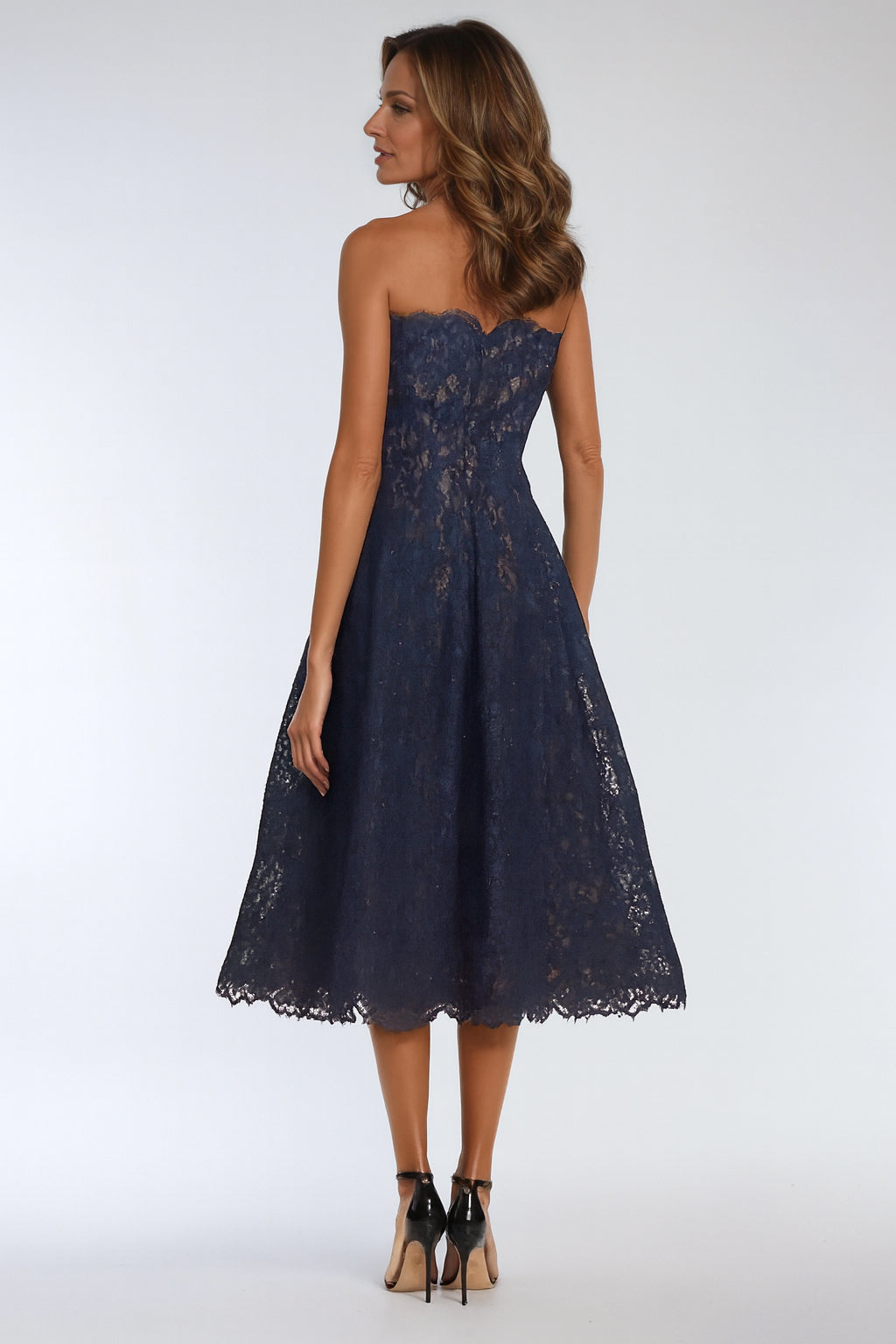 Strapless Scalloped Lace Midi Cocktail Rene Ruiz Collection