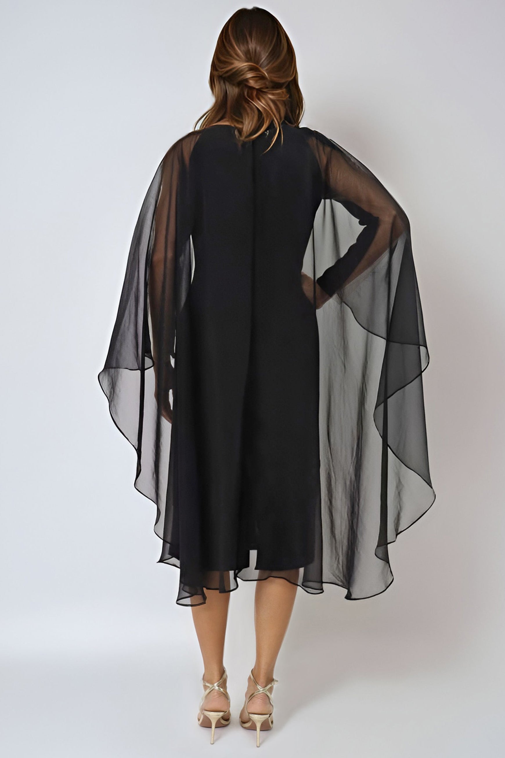 Illusion Neck Cape Sleeve Crepe Cocktail