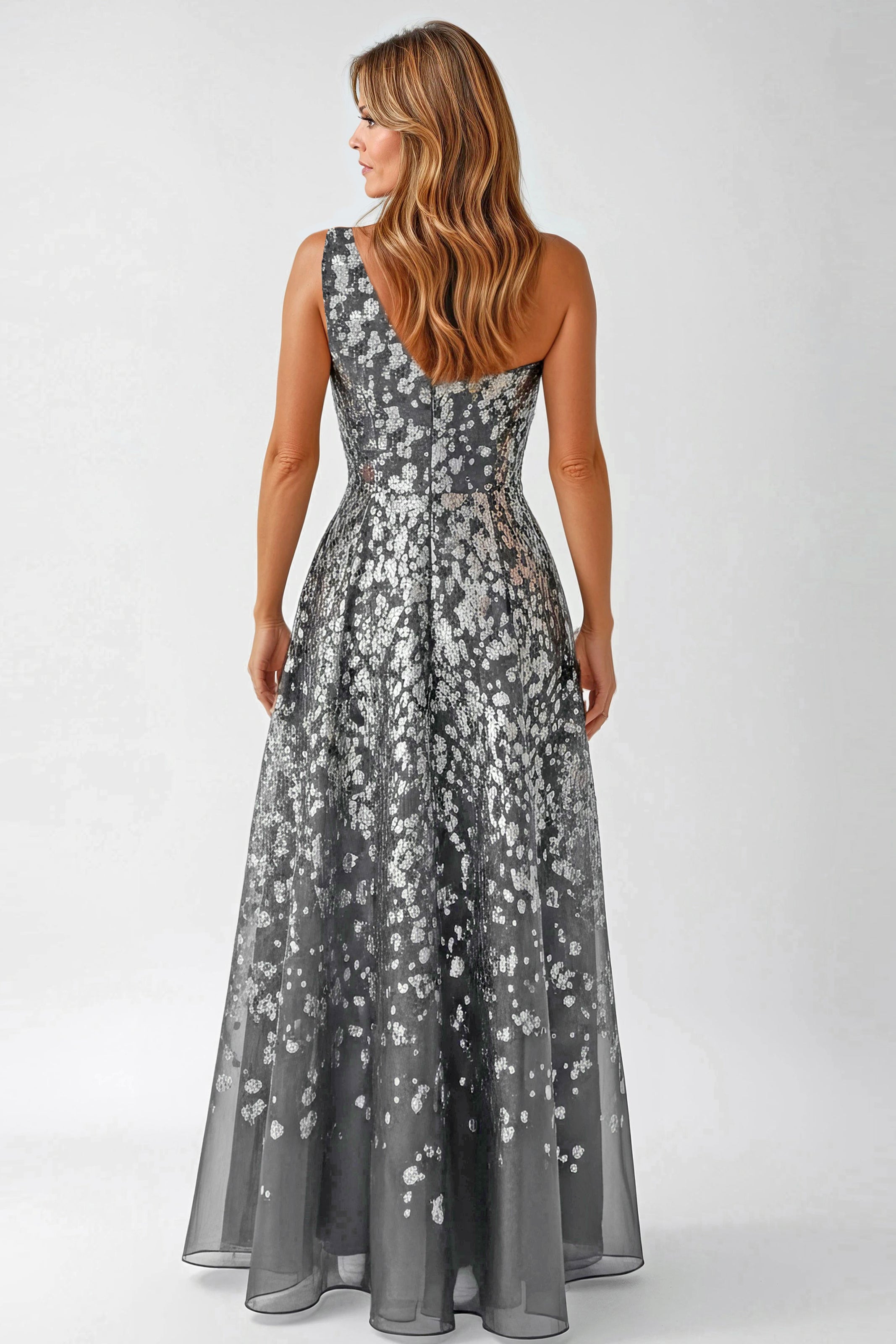 One Shoulder Fil Coupe Metallic A-Line Gown