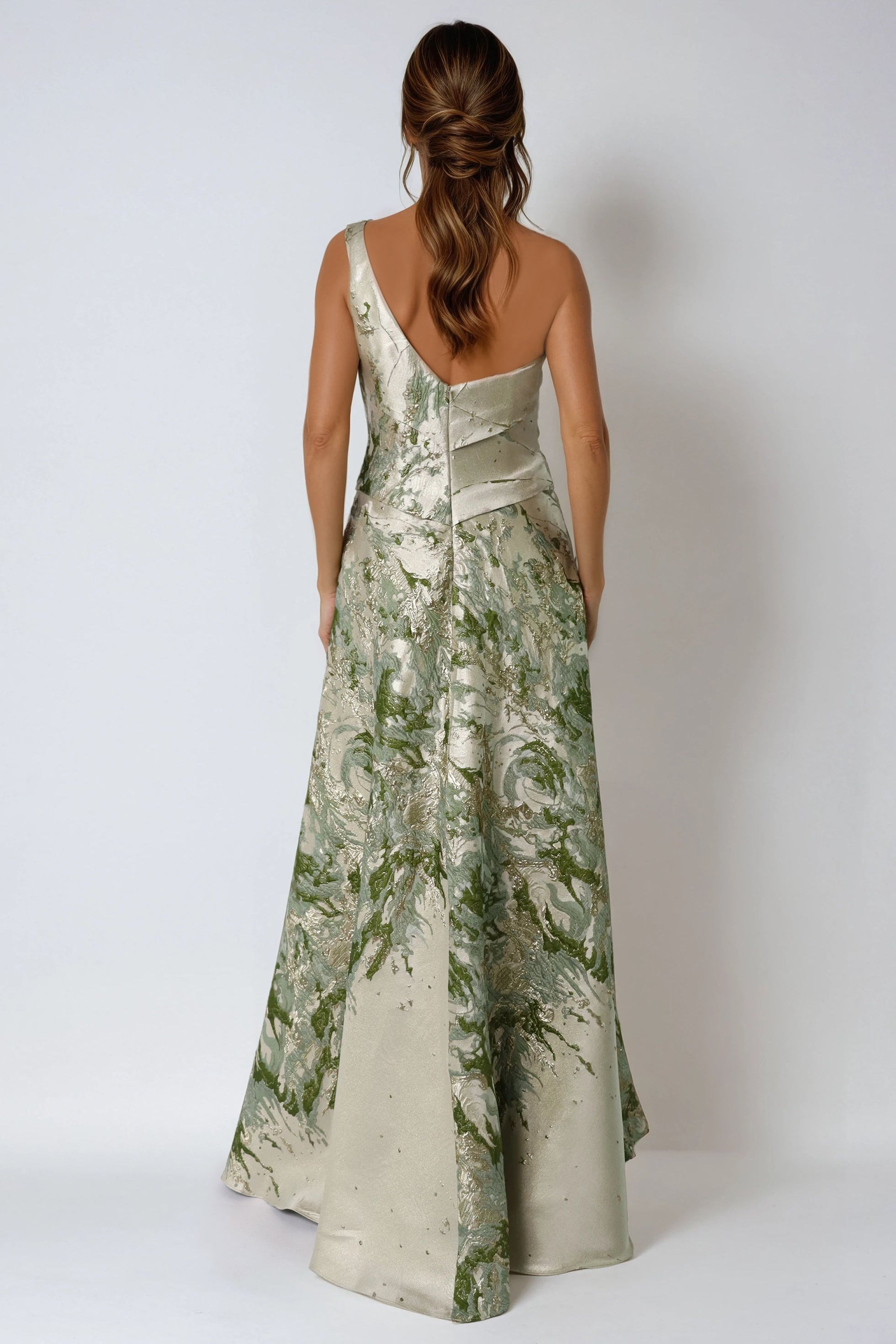 One Shoulder Brocade Metallic A-Line Gown