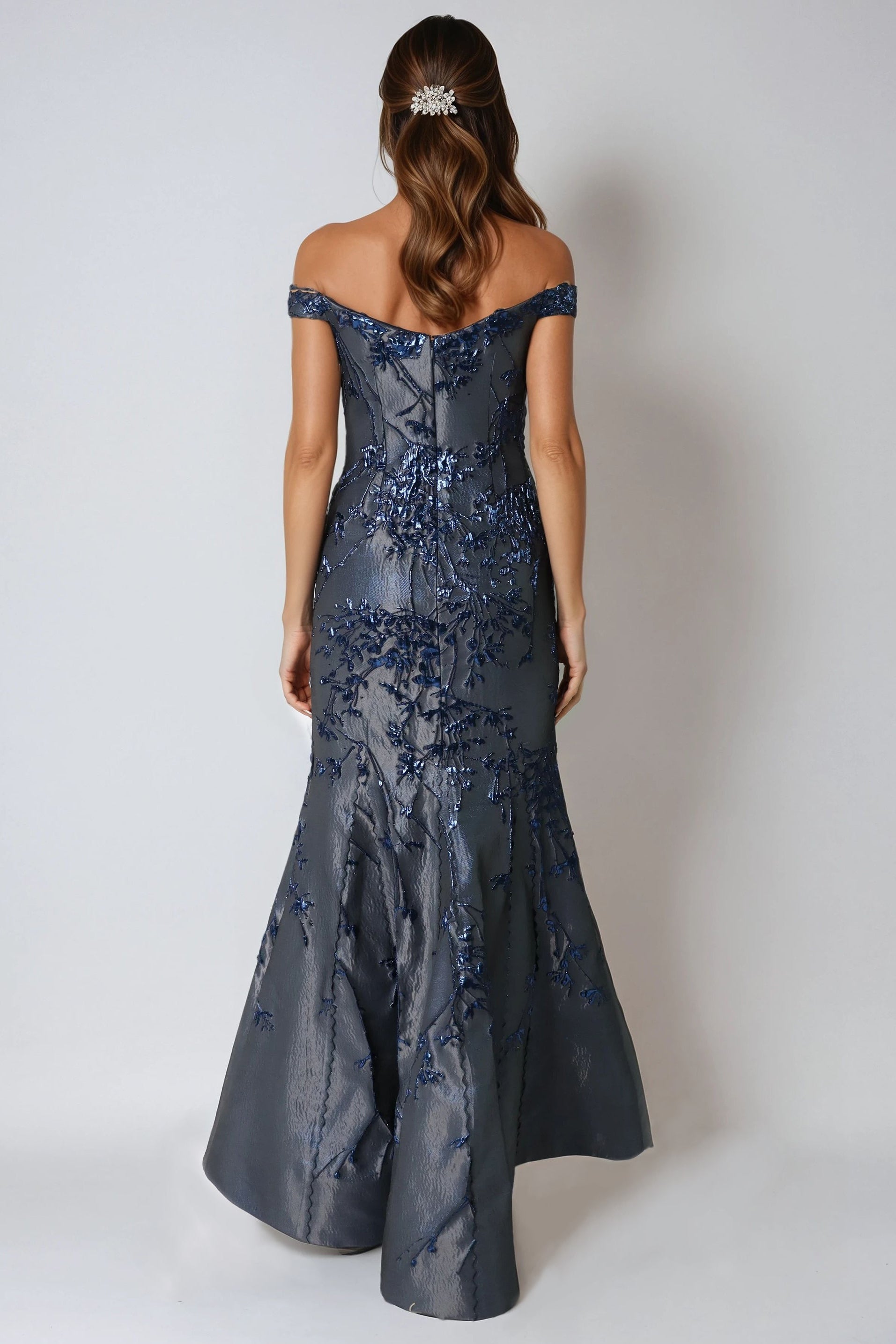 Off The Shoulder Brocade Fit And Flare Gown