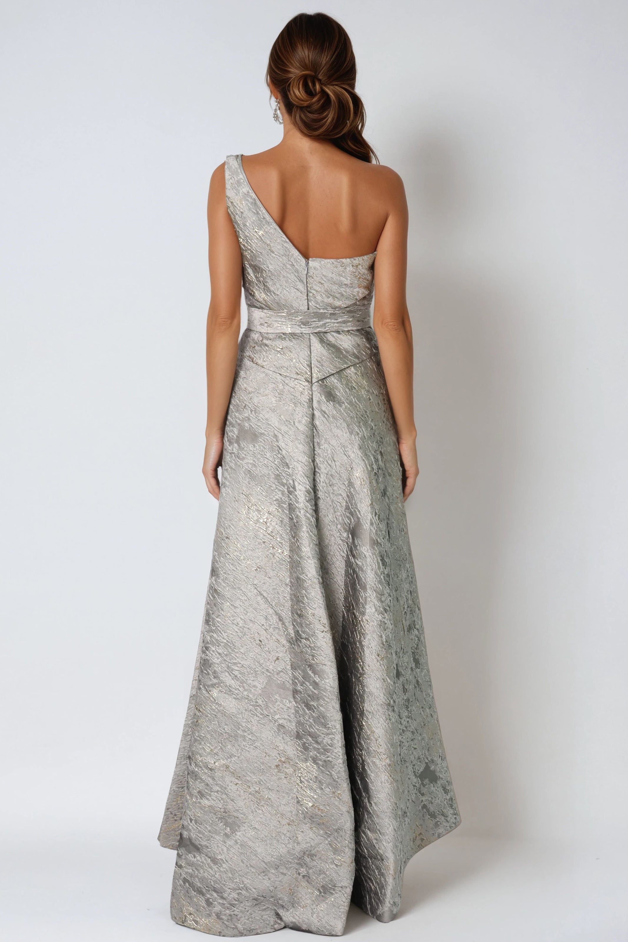 Asymmetric One Shoulder Brocade Gown
