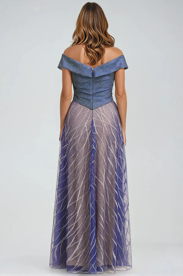 Banded Off The Shoulder Metallic Tulle Gown Gown Rene Ruiz Collection
