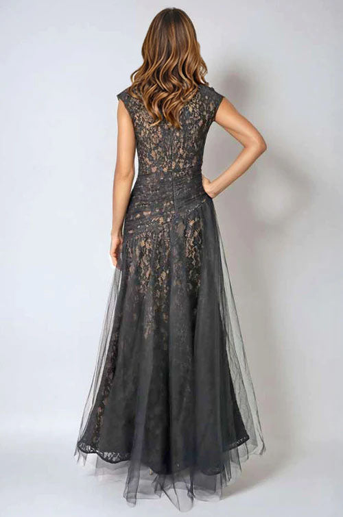 Bateau Neck Lace Tulle A-Line Gown Gown Rene Ruiz Collection