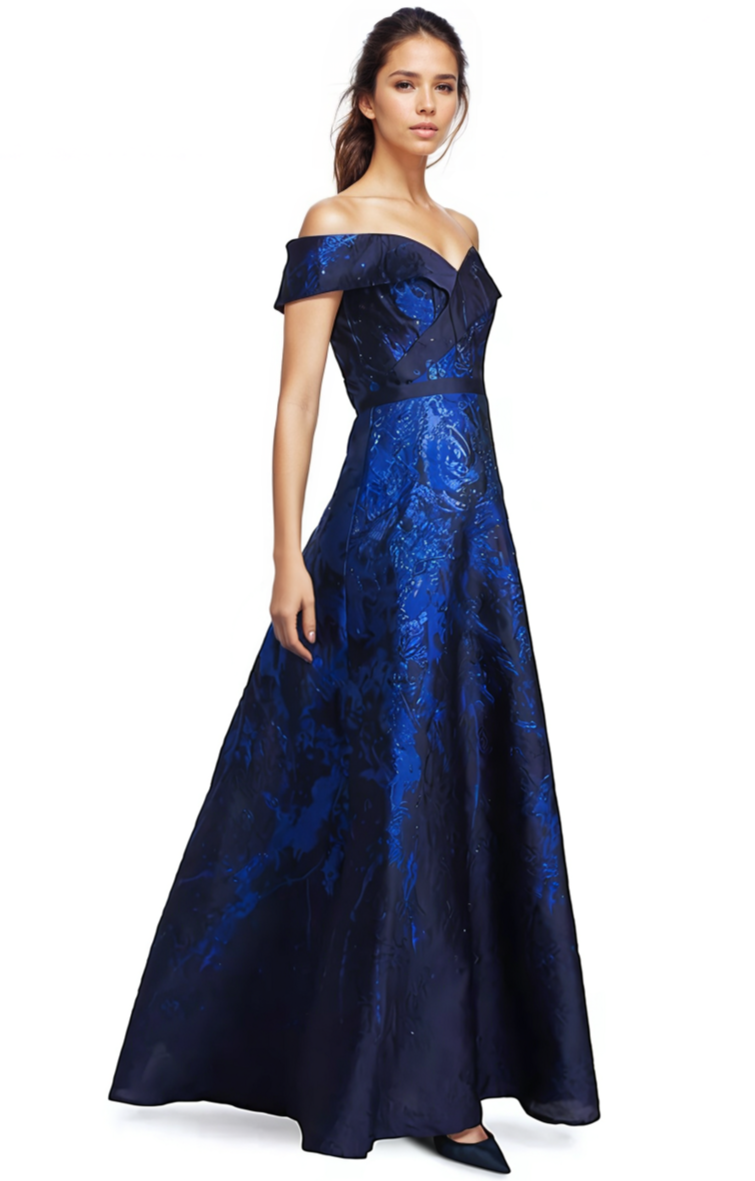 Off the Shoulder Brocade A-line Gown Gown Rene Ruiz Collection
