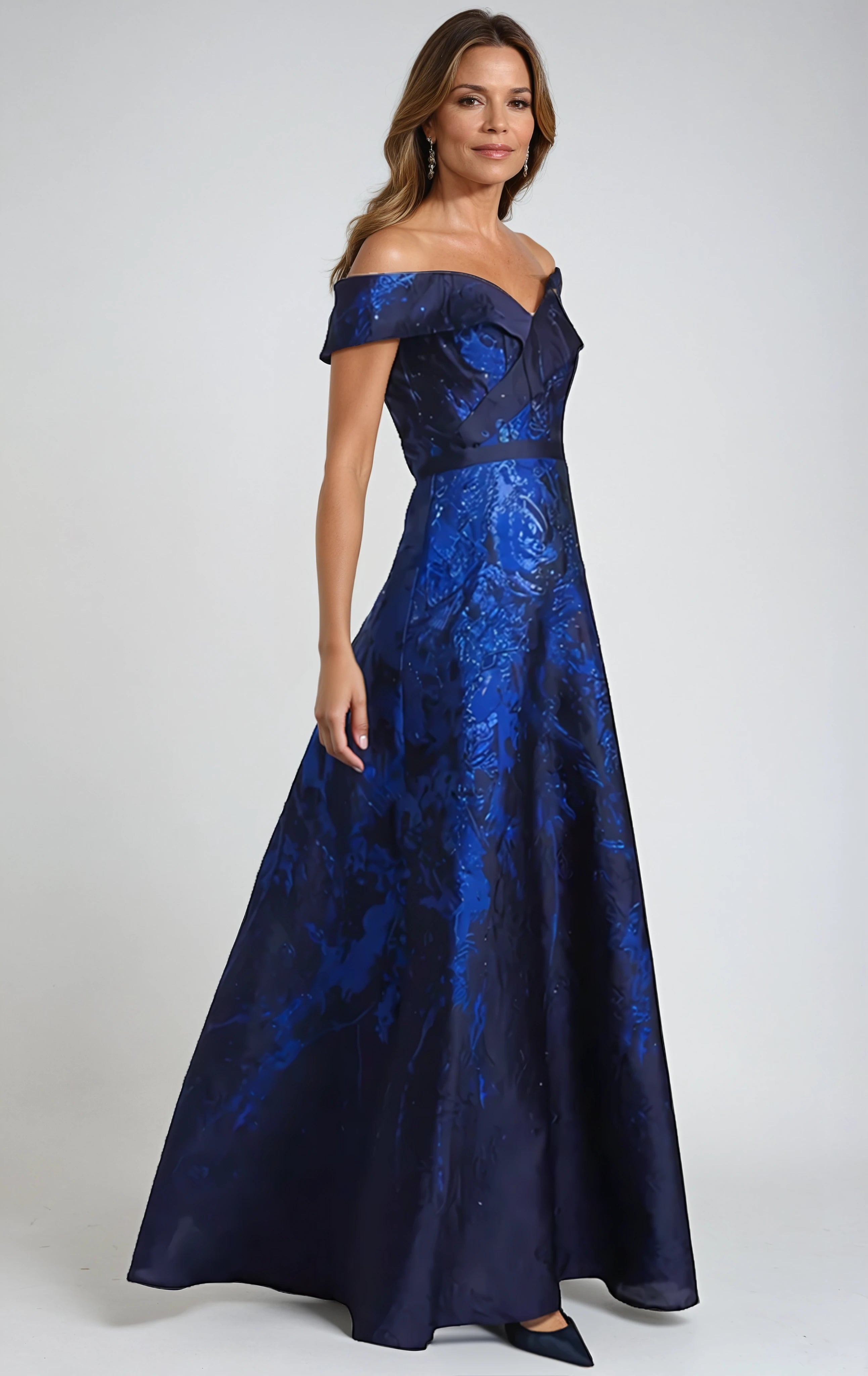 Off the Shoulder Brocade A-line Gown Gown Rene Ruiz Collection