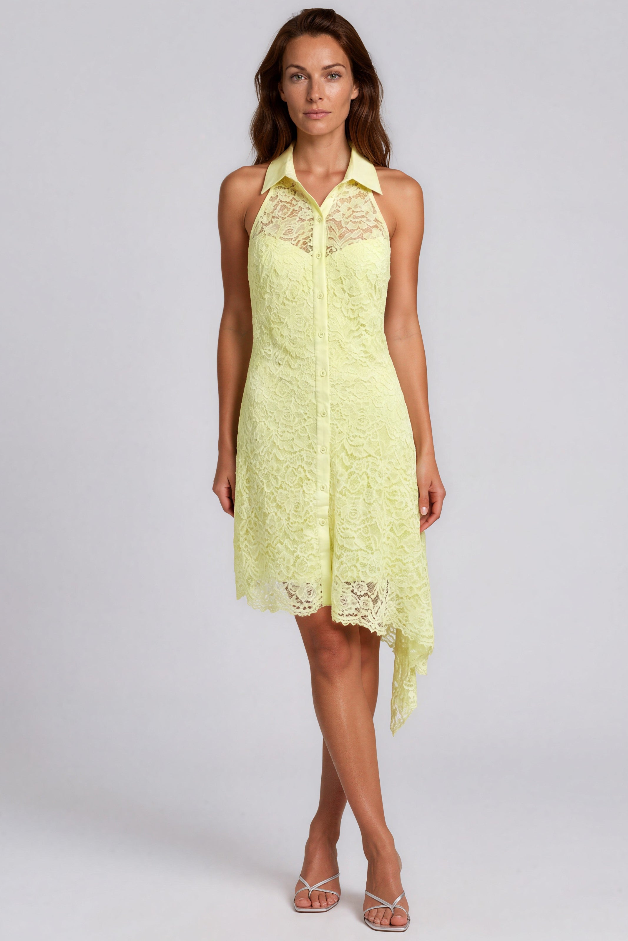 Lace Halter Sheath Cocktail Dress with Asymmetrical Hem Cocktail Rene Ruiz Collection