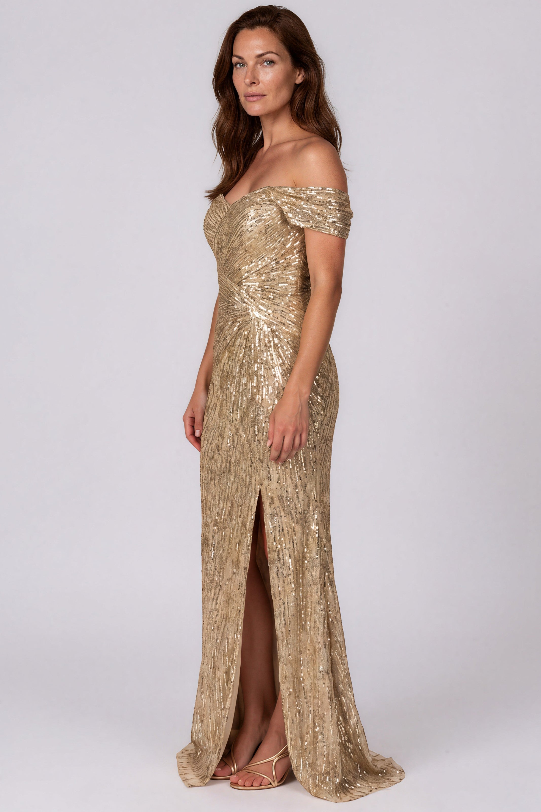 Off the Shoulder Beaded Gown Gown Rene Ruiz Collection