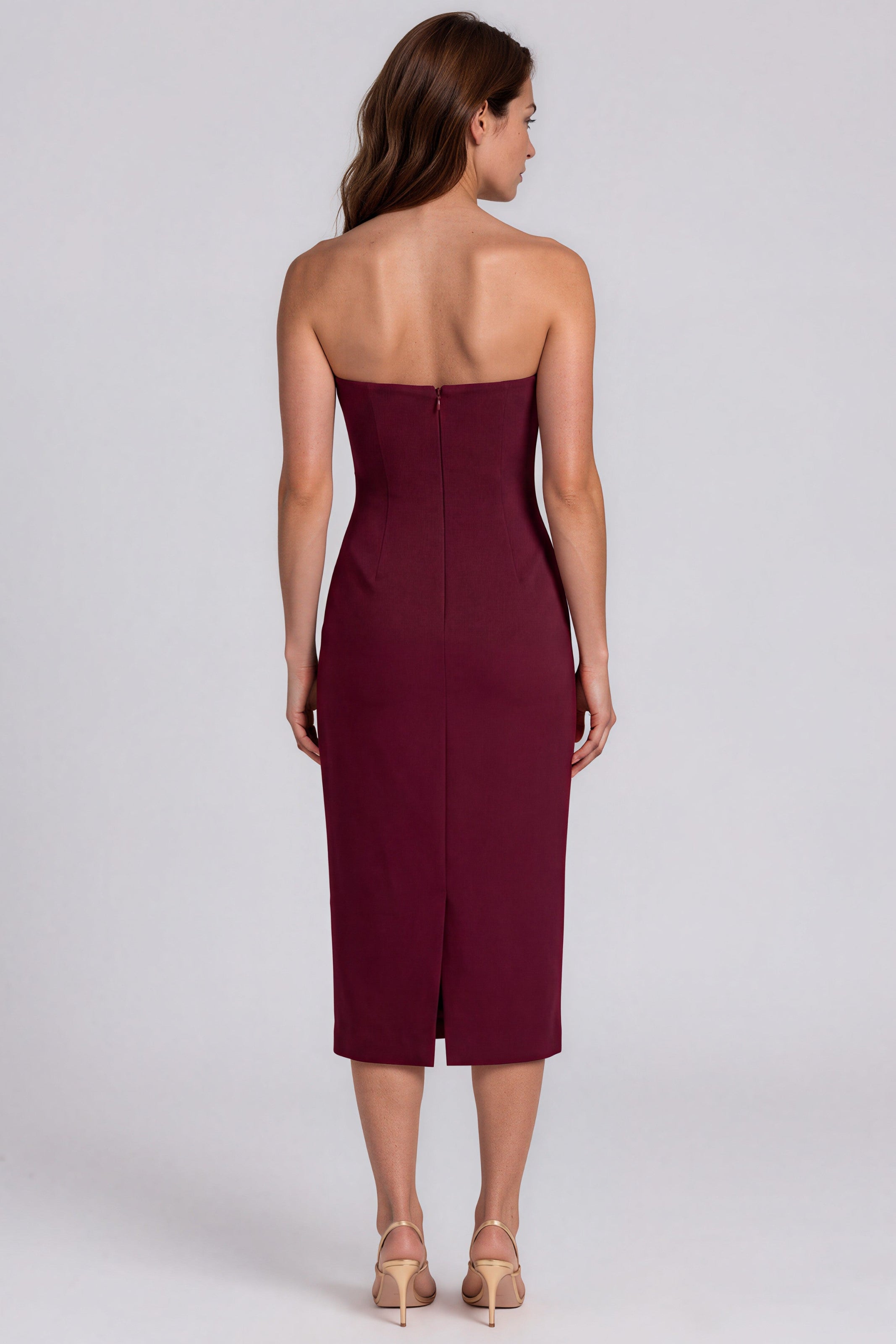 Strapless Crepe 3D Floral Appliqué Column Midi Cocktail