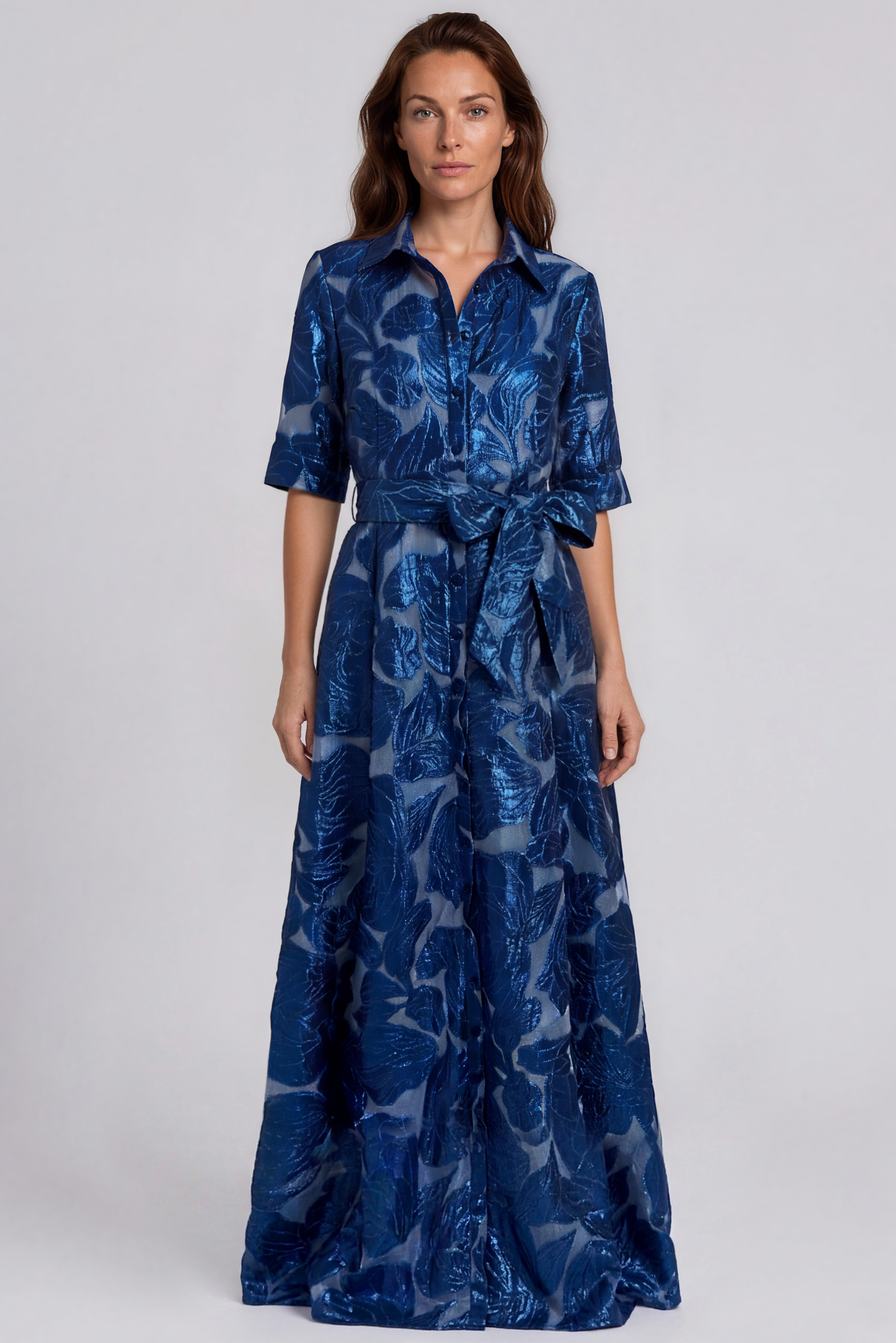 Floral Jacquard Collared A-Line Shirt Gown with Sash Belt Gown Rene Ruiz Collection