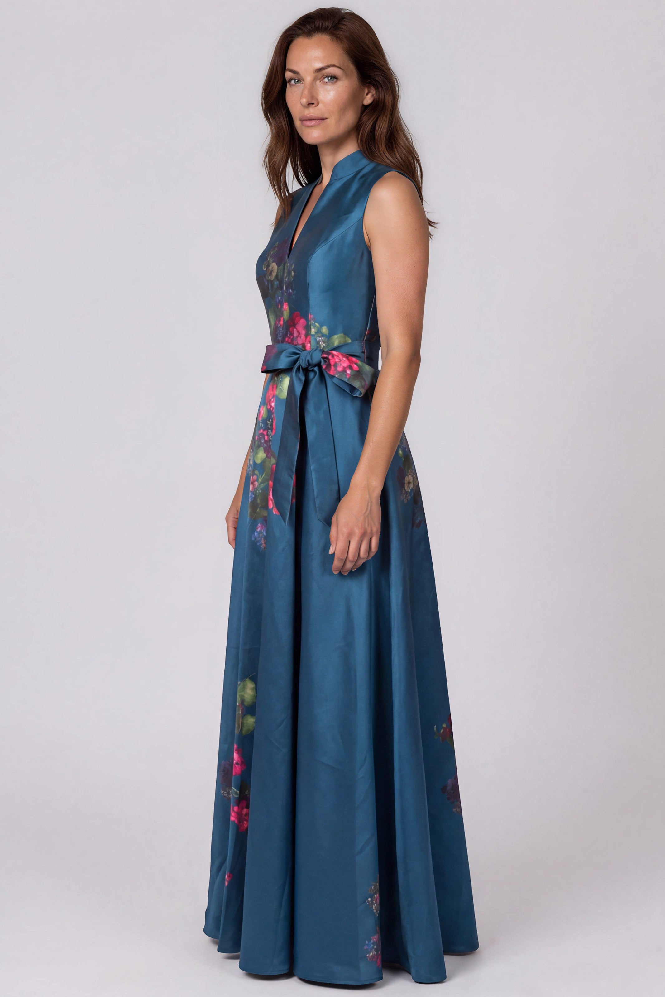 Sleeveless Printed Mikado A-Line Gown with Sash Waist