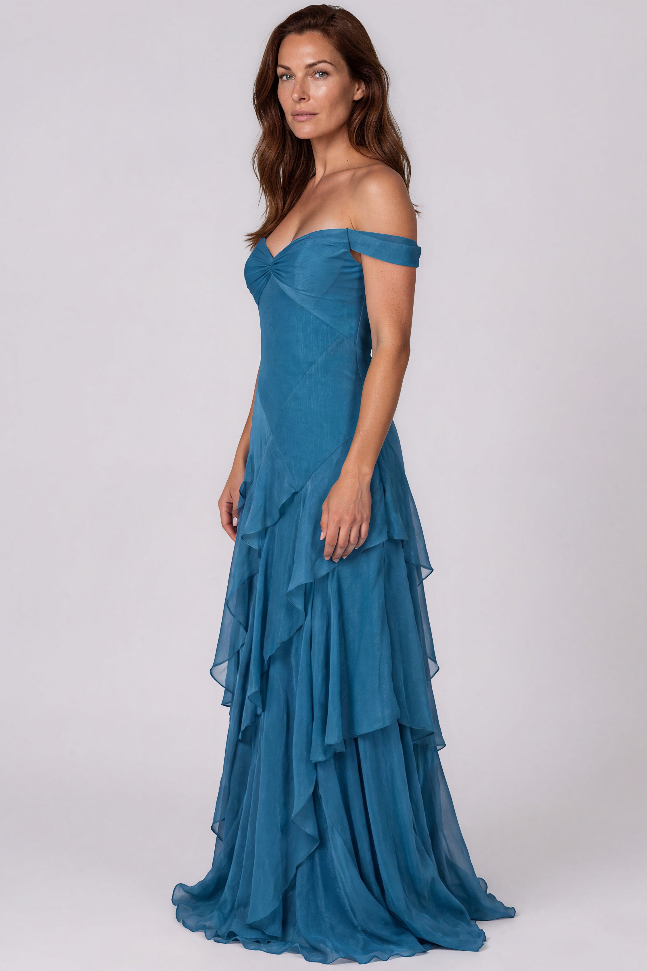 Off The Shoulder Tiered Ruffle Skirt Fit And Flare Chiffon Gown Gown Rene Ruiz Collection