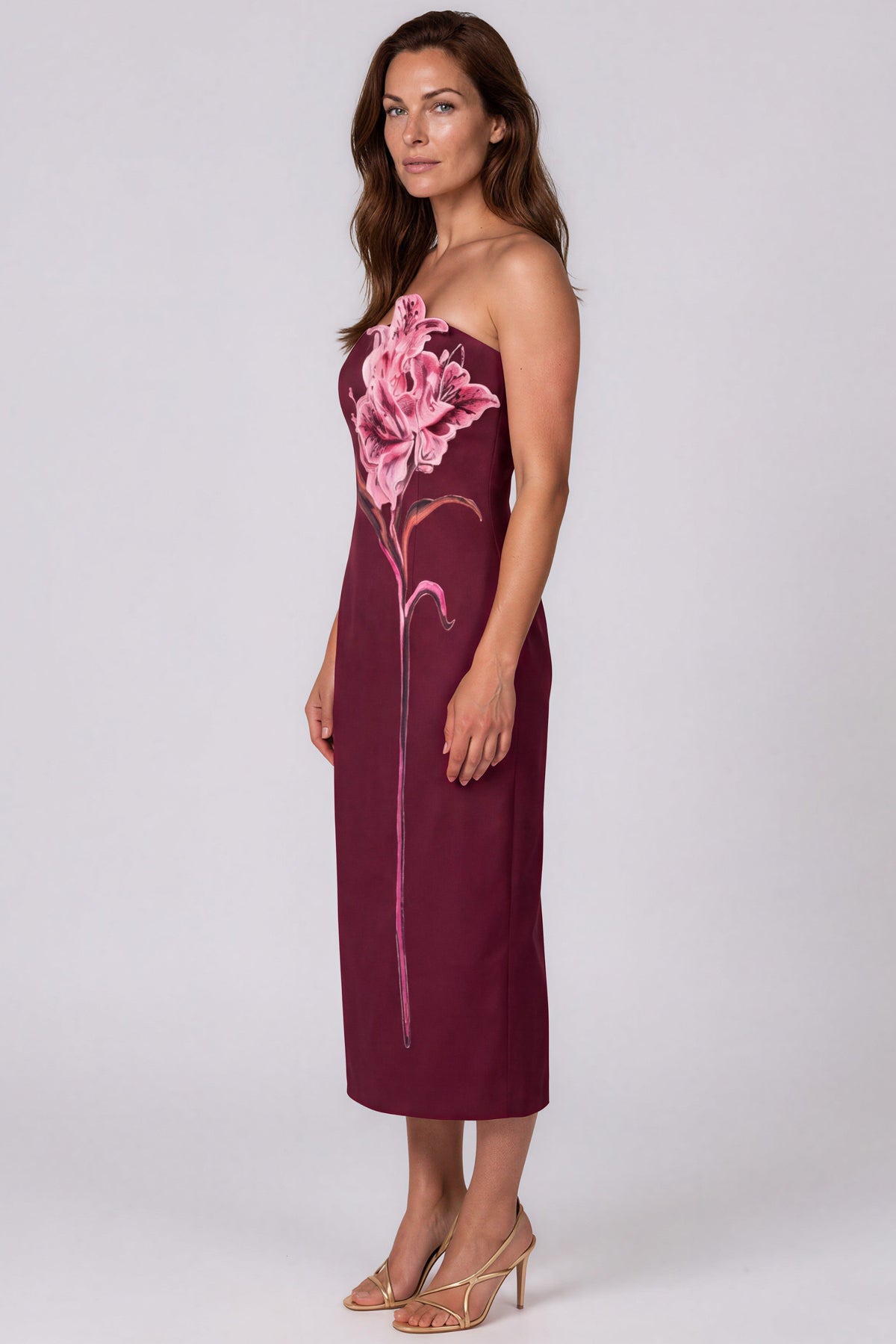 Strapless Crepe 3D Floral Appliqué Column Midi Cocktail
