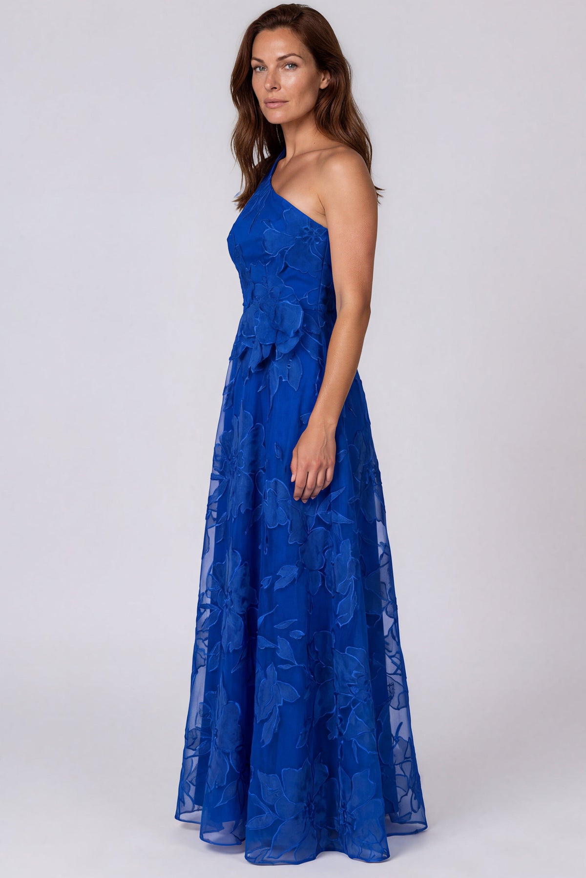 One Shoulder Embroidered A-Line Evening Gown with 3D Floral Appliqués Gown Rene Ruiz Collection
