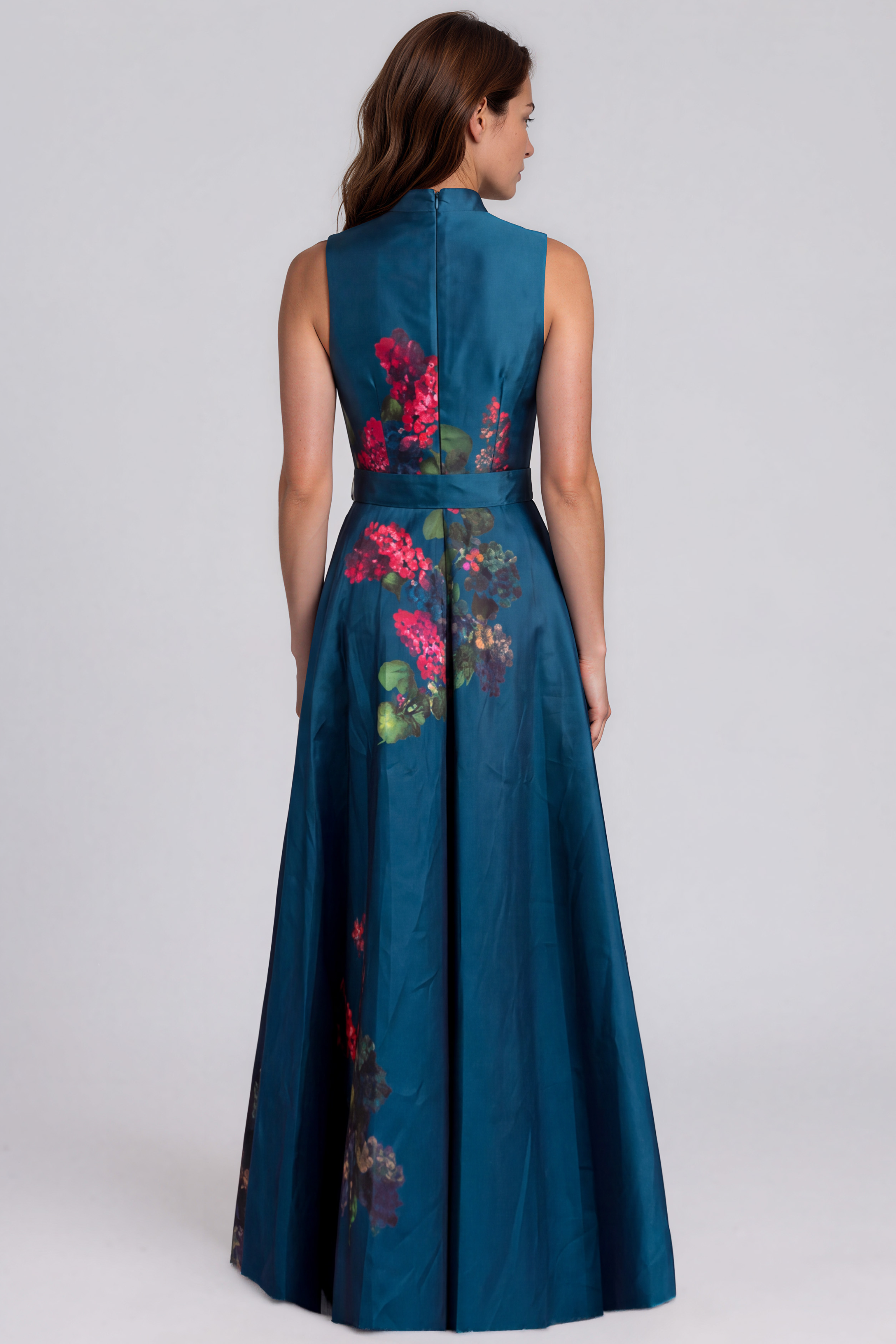 Sleeveless Printed Mikado A-Line Gown with Sash Waist