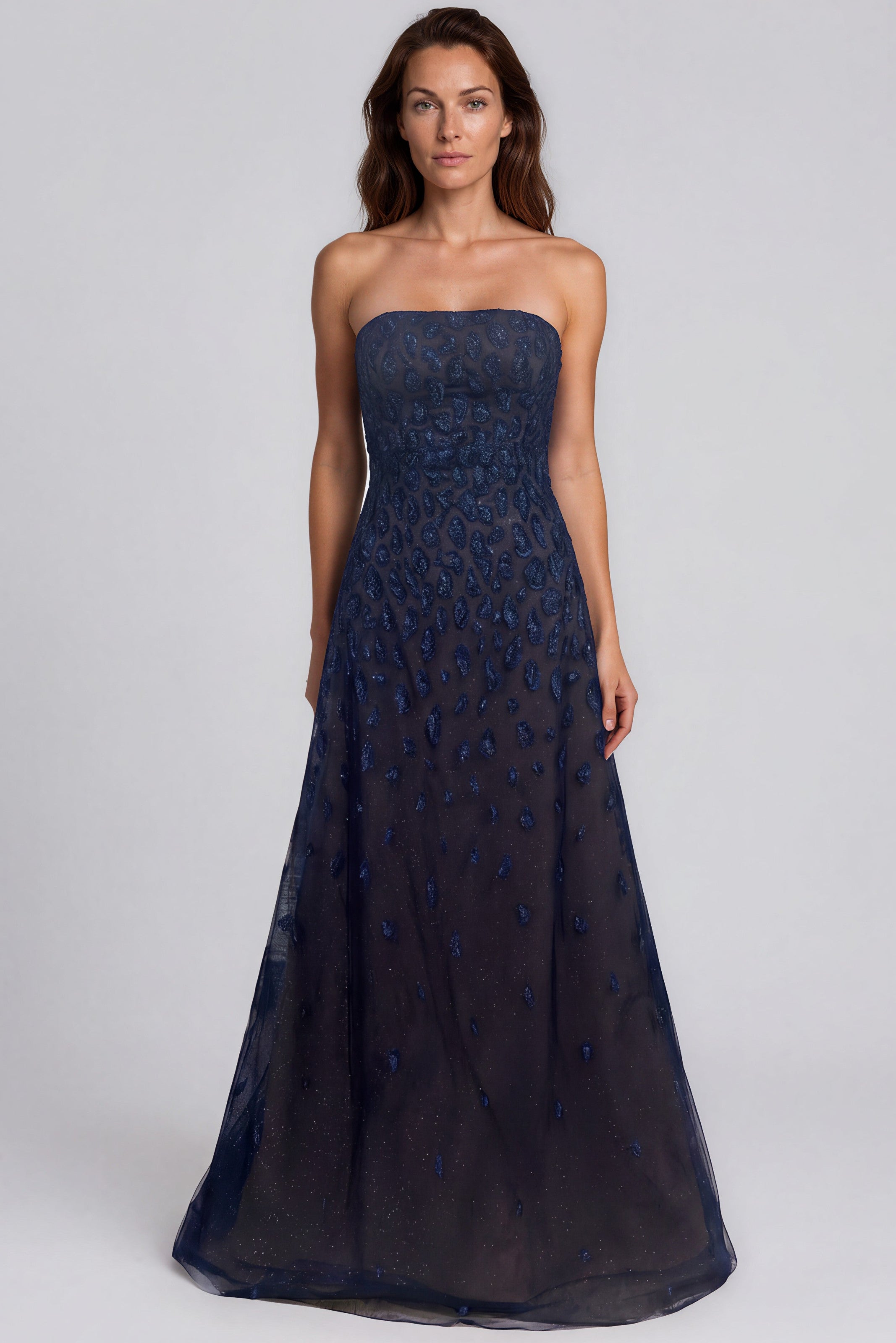 Metallic Embroidered Strapless Gown Gown Rene Ruiz Collection