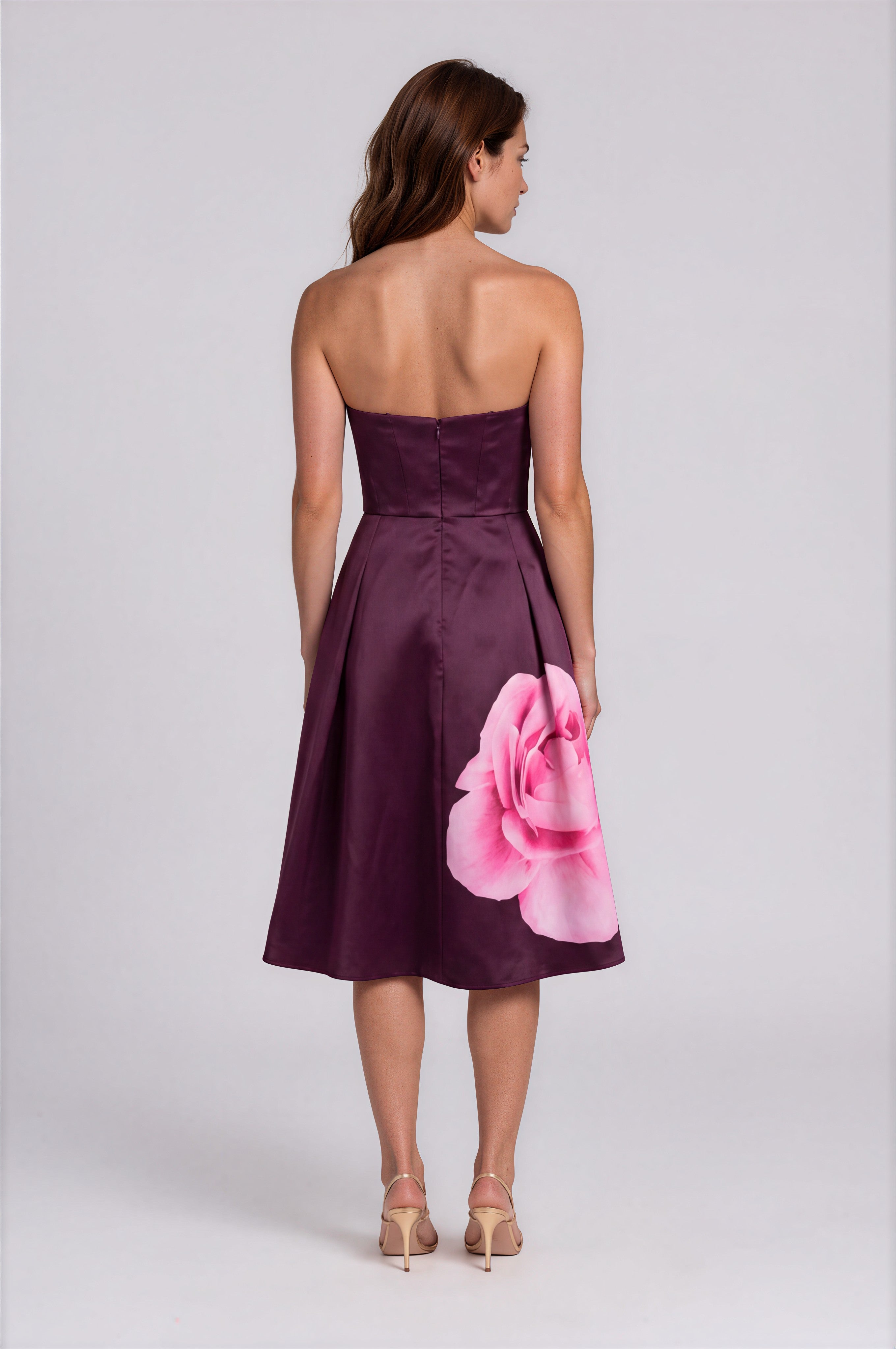 Strapless Printed Mikado A-Line Midi Cocktail