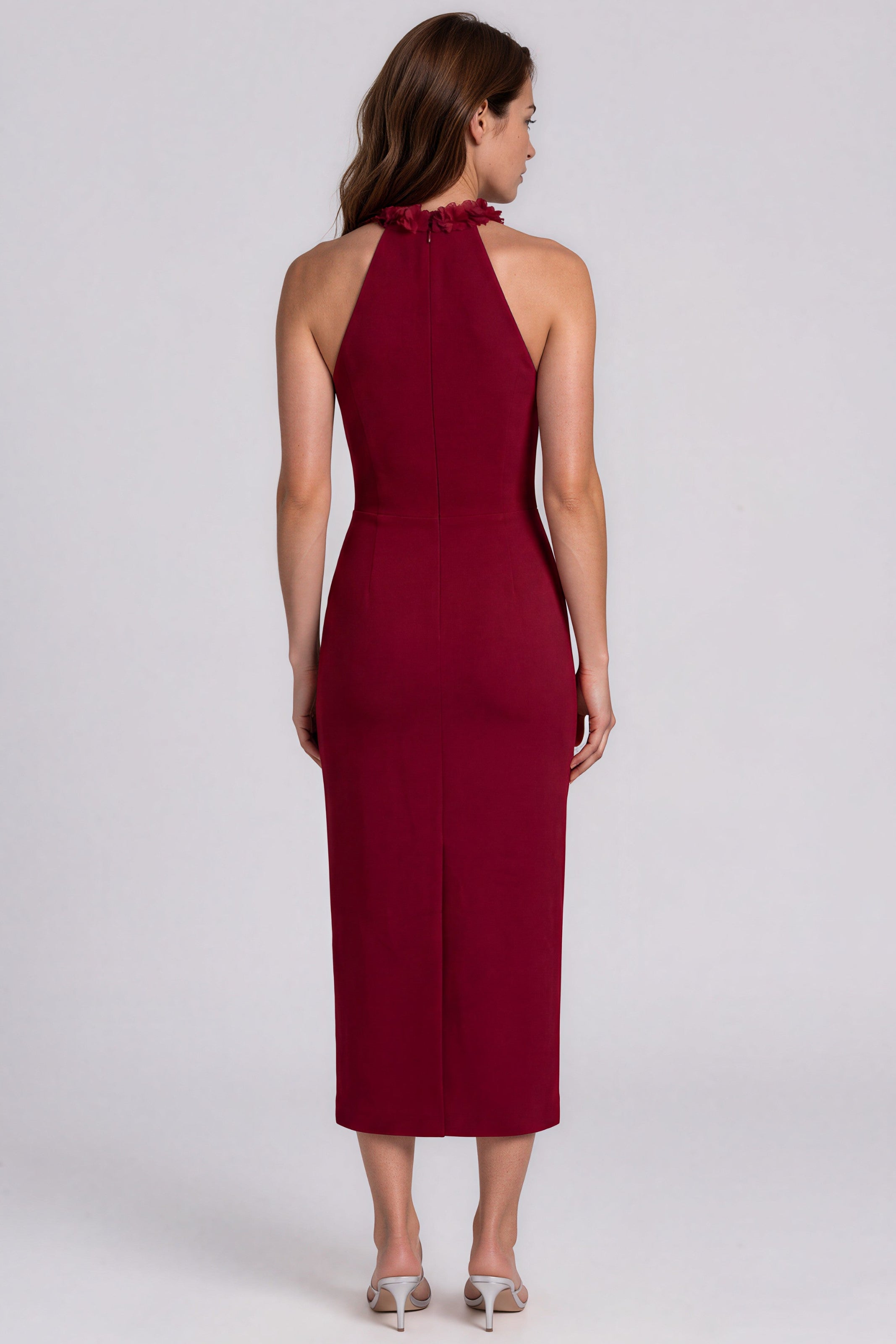 Floral Appliqué Halter Neck Crepe Sheath Cocktail Dress Cocktail Rene Ruiz Collection