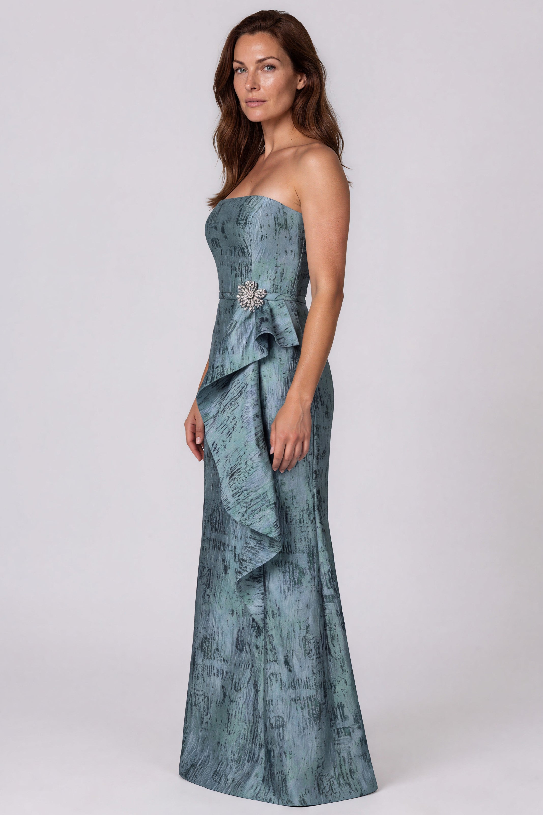 Strapless Jacquard Fit and Flare Gown with Cascading Ruffle Detail Gown Rene Ruiz Collection