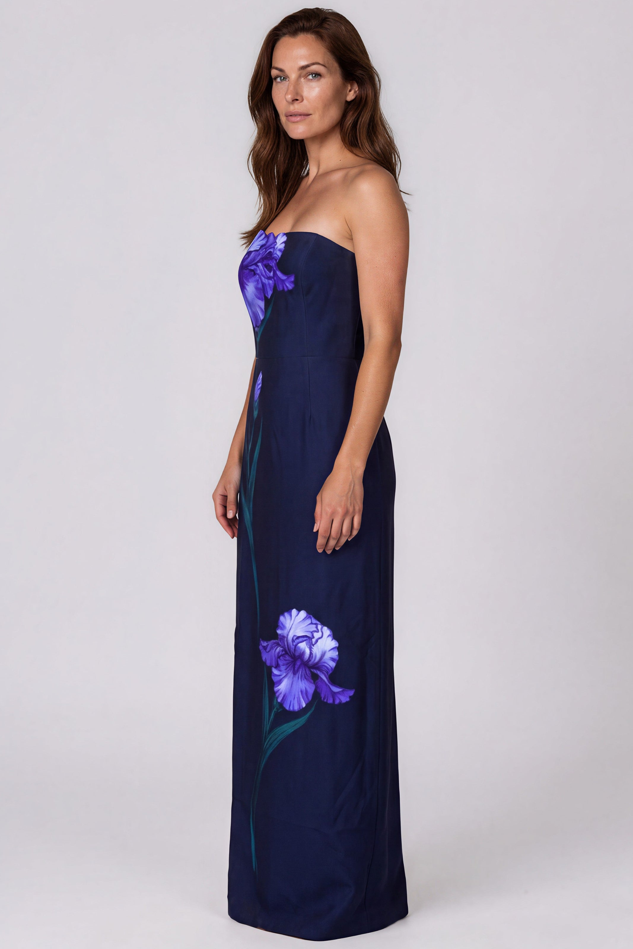 Strapless Floral Appliqué Printed Crepe Column Gown Gown Rene Ruiz Collection