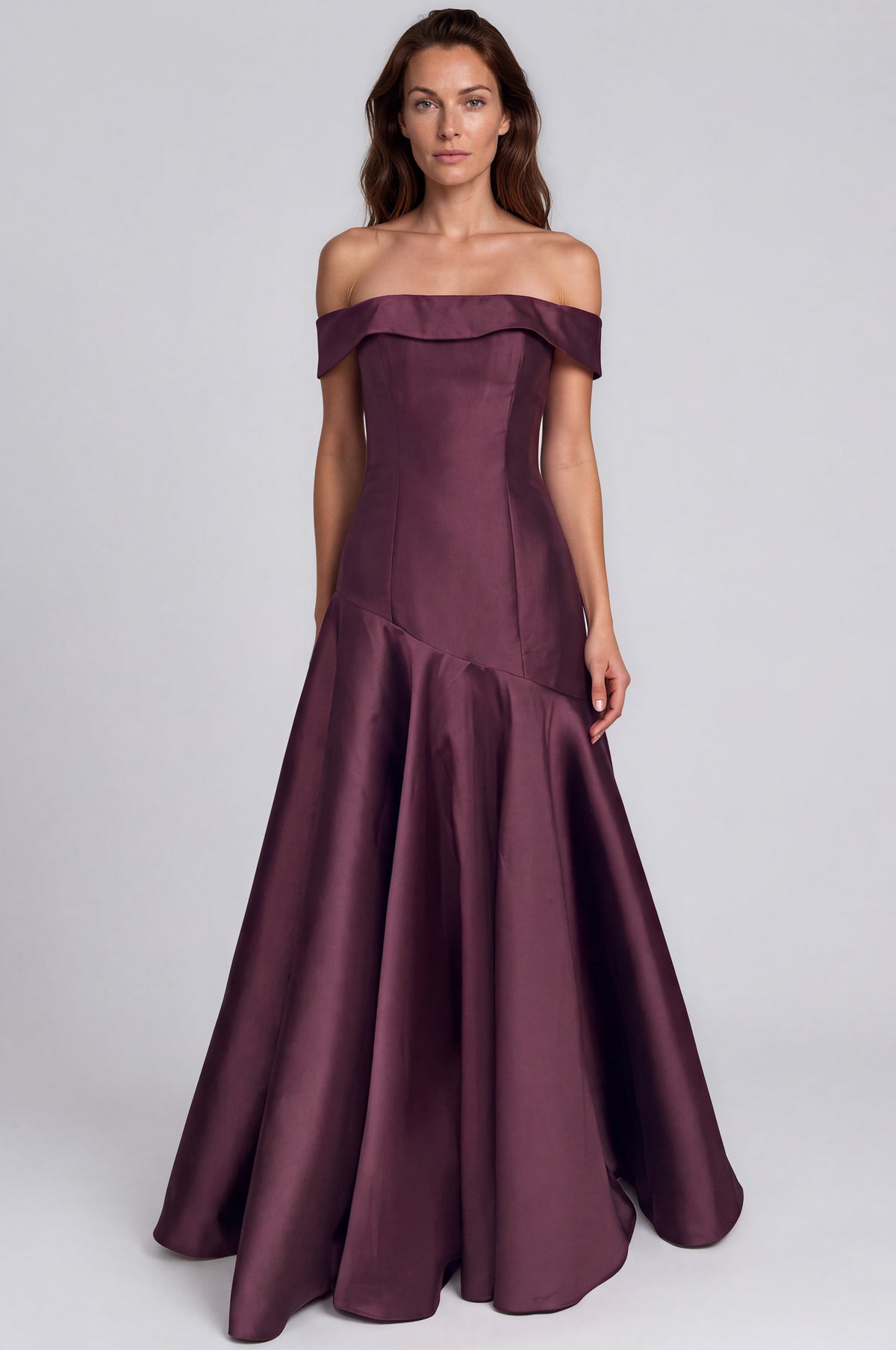 Off The Shoulder Asymmetric Waist Mikado Fit and Flare Gown Gown Rene Ruiz Collection