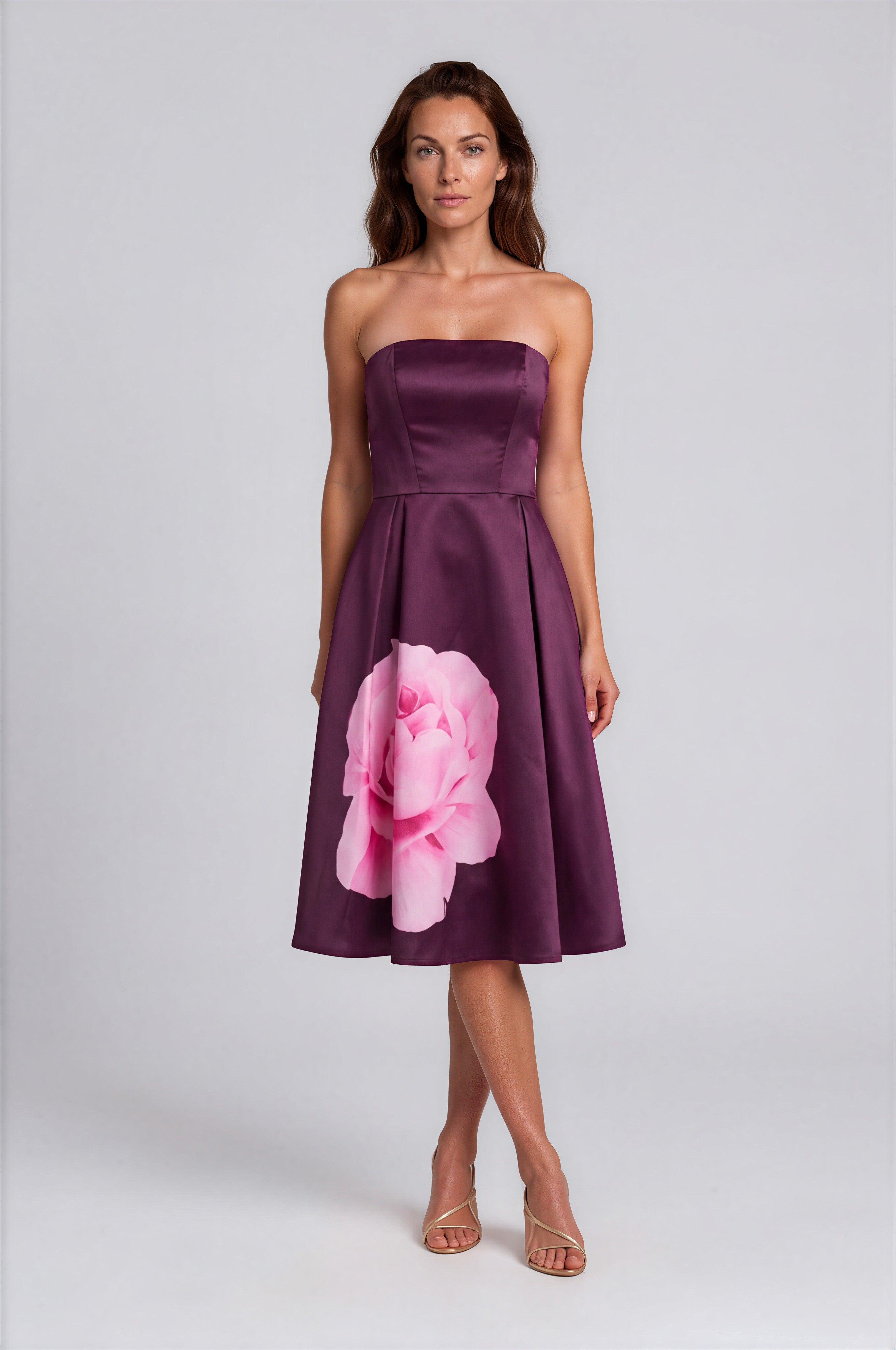 Strapless Printed Mikado A-Line Midi Cocktail