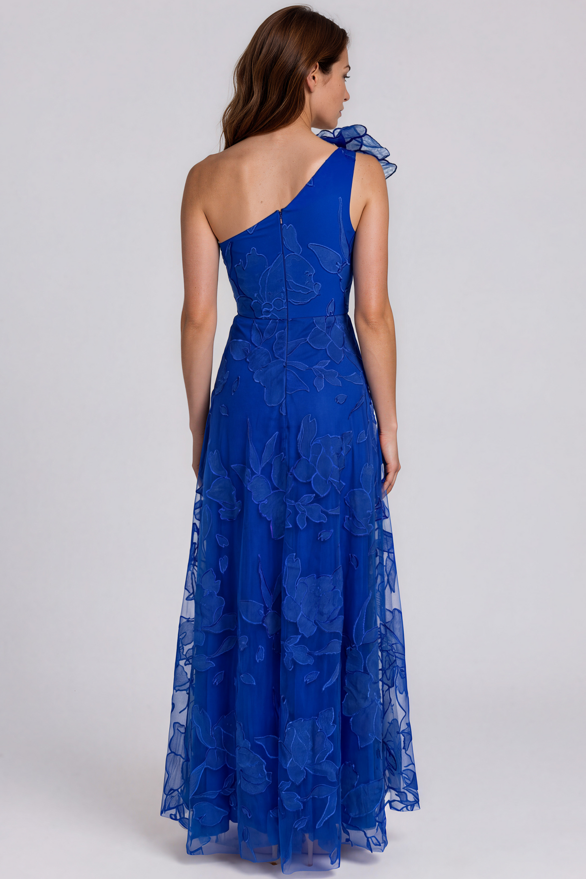 One Shoulder Embroidered A-Line Evening Gown with 3D Floral Appliqués Gown Rene Ruiz Collection