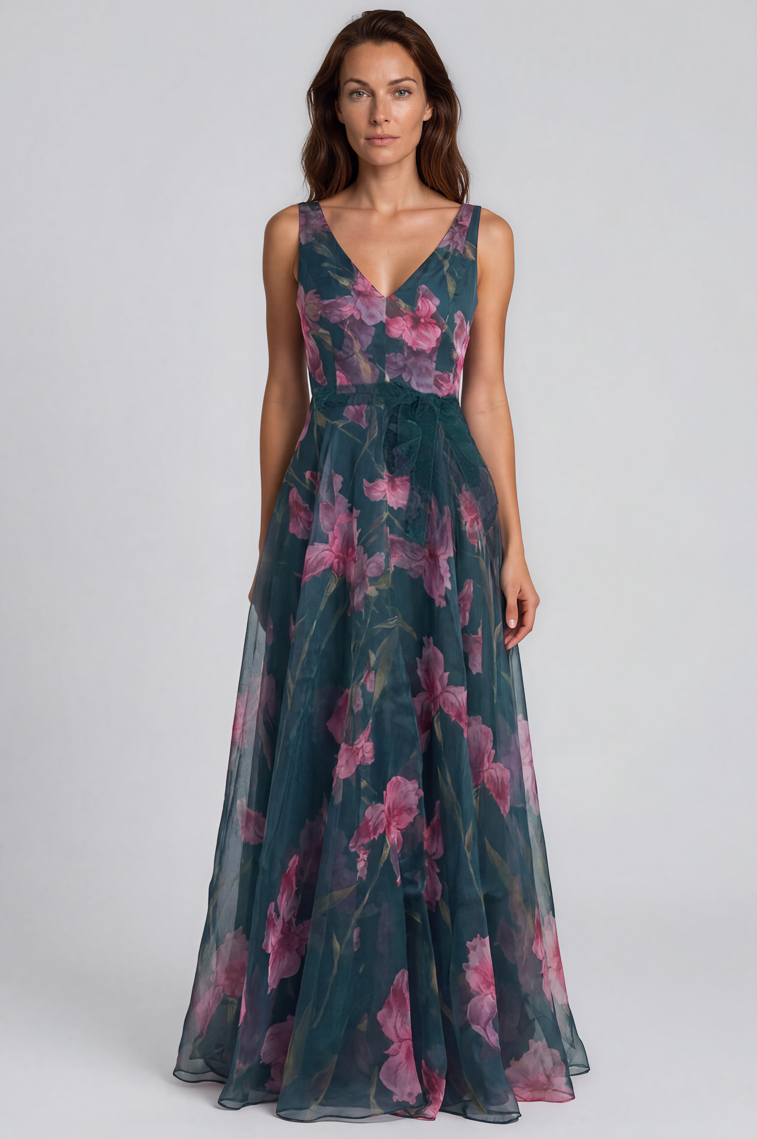 V-Neck Floral Printed Organza Waist Tie A-Line Gown Gown Rene Ruiz Collection