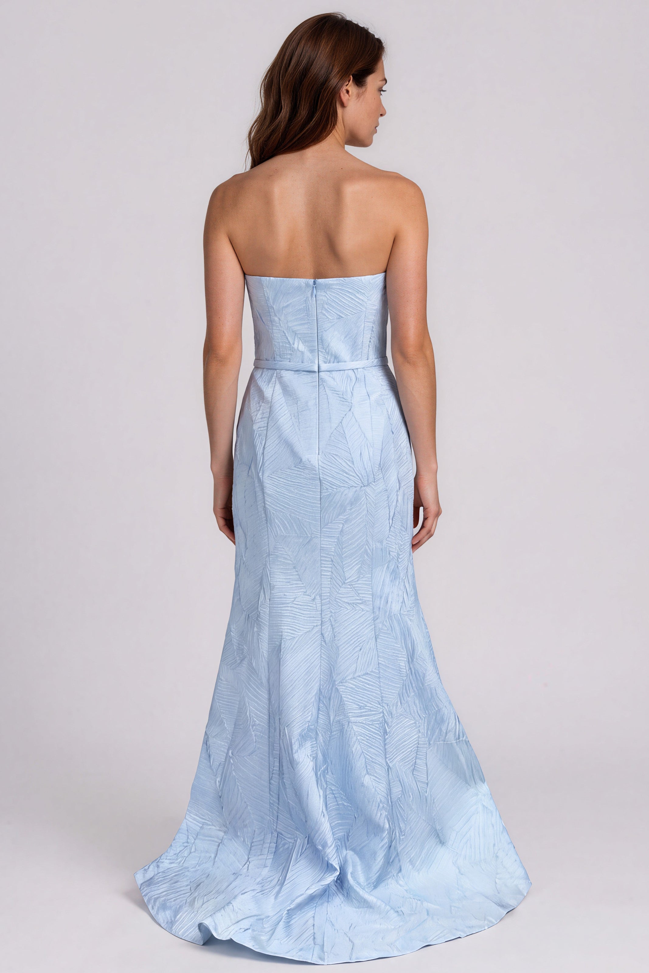 Strapless Jacquard Fit And Flare Gown with Side Ruffle Gown Rene Ruiz Collection