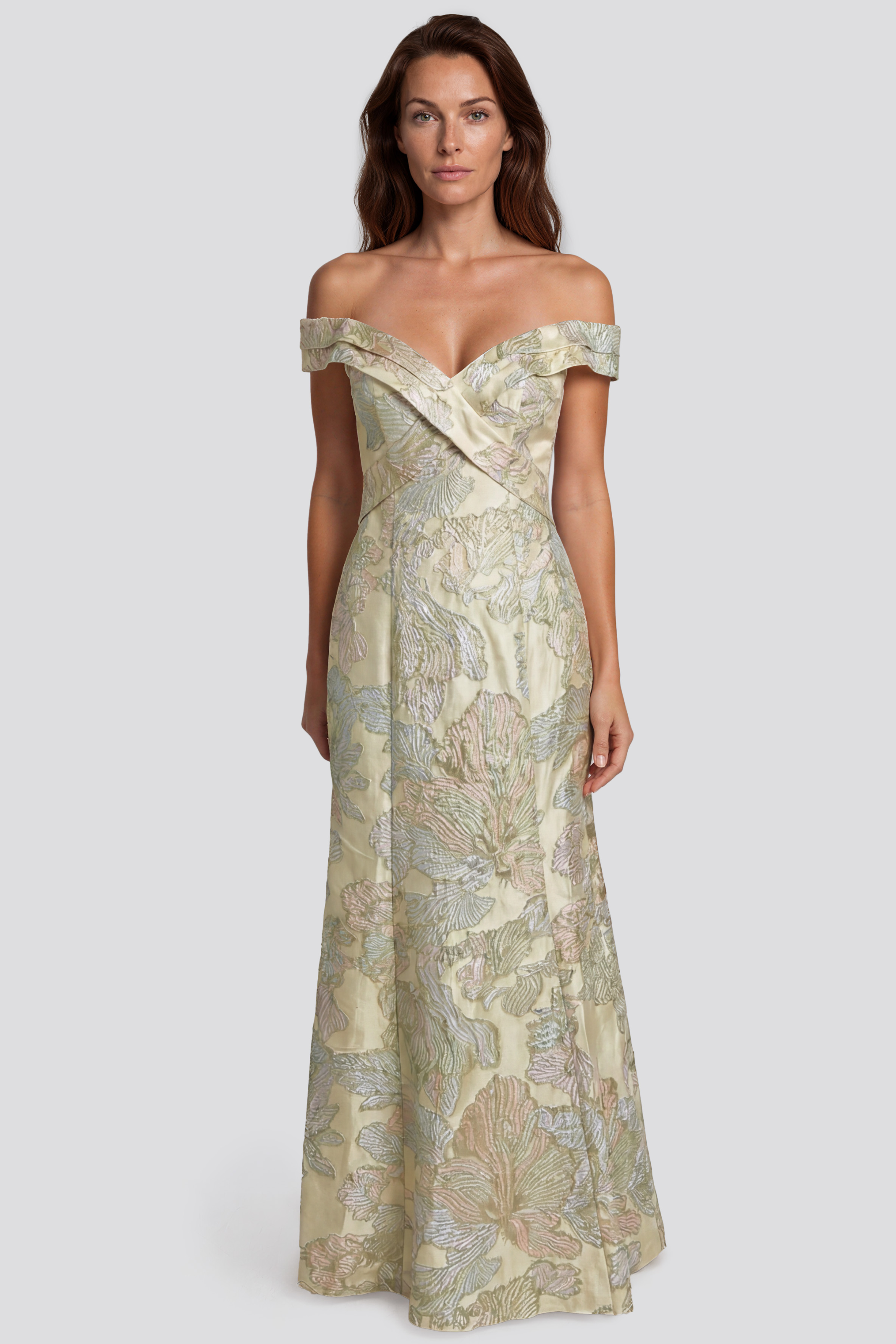 Off The Shoulder Floral Jacquard Gown Gown Rene Ruiz Collection