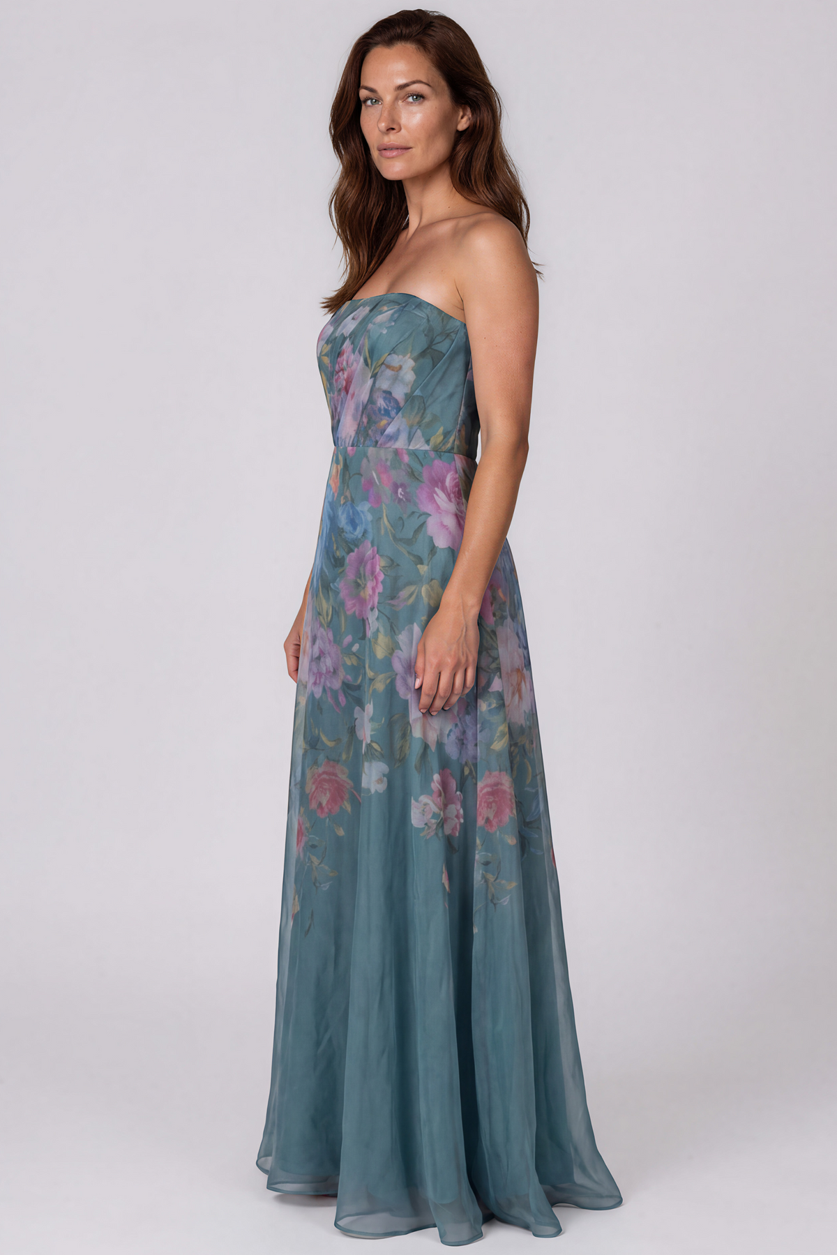 Strapless Floral Printed Organza A-Line Gown Gown Rene Ruiz Collection
